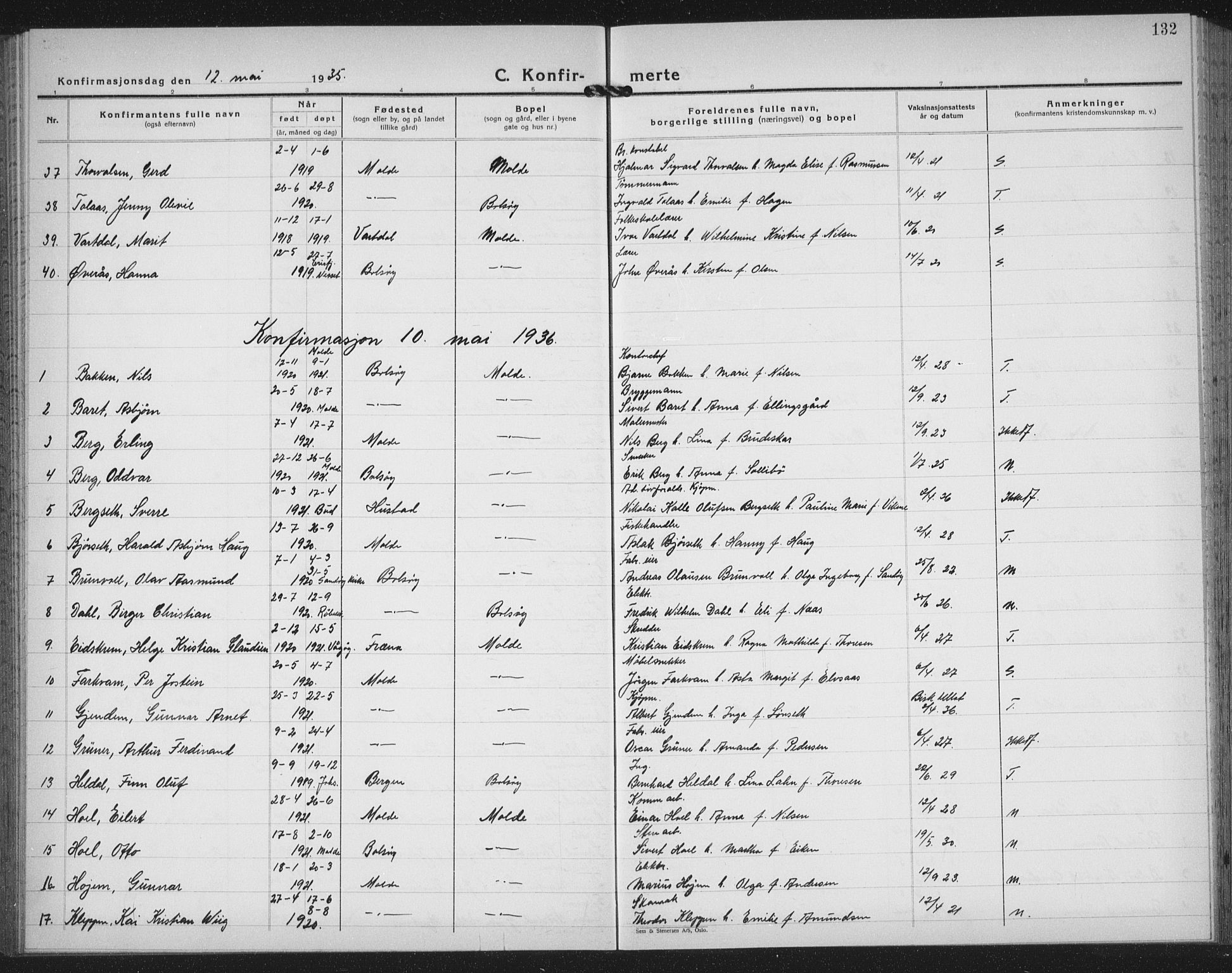 Ministerialprotokoller, klokkerbøker og fødselsregistre - Møre og Romsdal, SAT/A-1454/558/L0704: Parish register (copy) no. 558C05, 1921-1942, p. 132