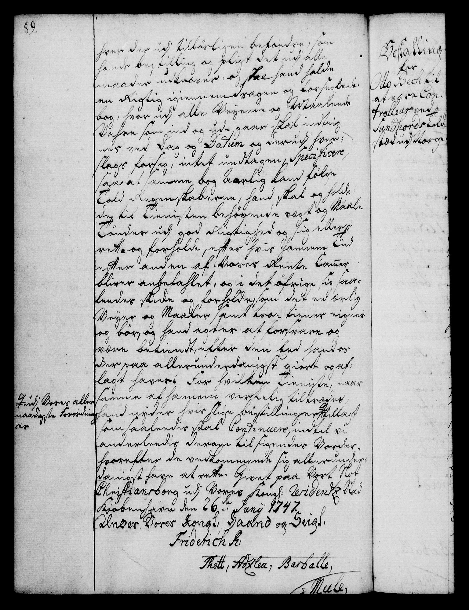 Rentekammeret, Kammerkanselliet, RA/EA-3111/G/Gg/Gge/L0003: Norsk bestallingsprotokoll med register (merket RK 53.27), 1745-1761, p. 89