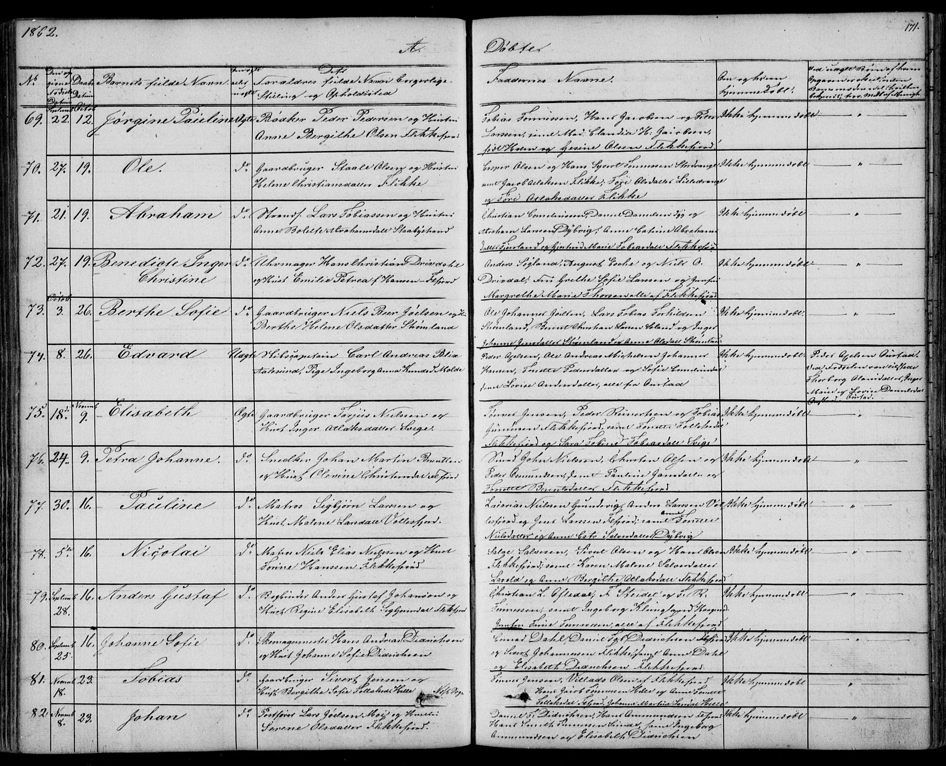 Flekkefjord sokneprestkontor, SAK/1111-0012/F/Fb/Fbc/L0005: Parish register (copy) no. B 5, 1846-1866, p. 171