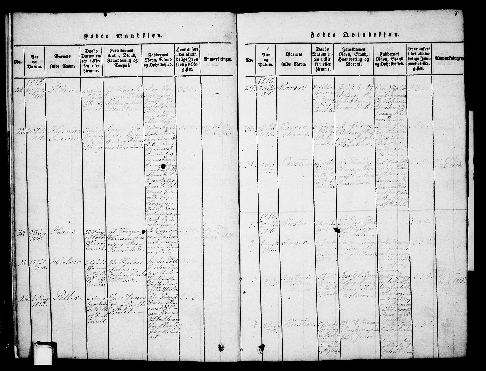 Holla kirkebøker, SAKO/A-272/G/Ga/L0001: Parish register (copy) no. I 1, 1814-1830, p. 5