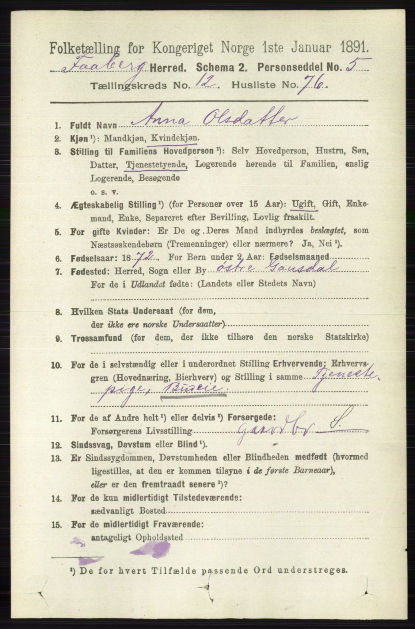 RA, 1891 census for 0524 Fåberg, 1891, p. 5169