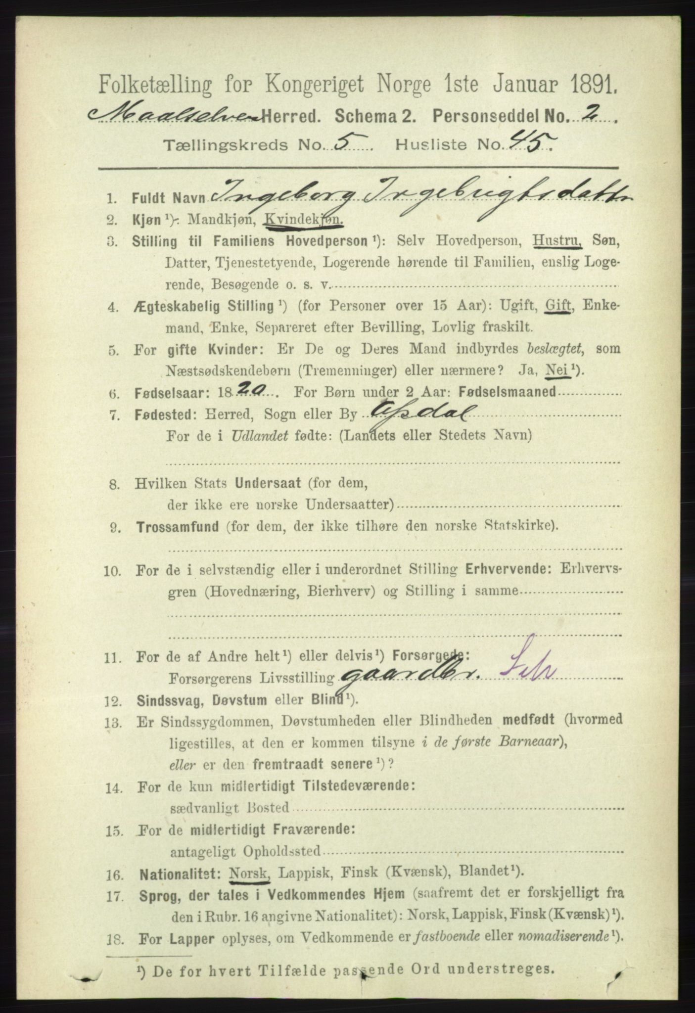 RA, 1891 census for 1924 Målselv, 1891, p. 1926