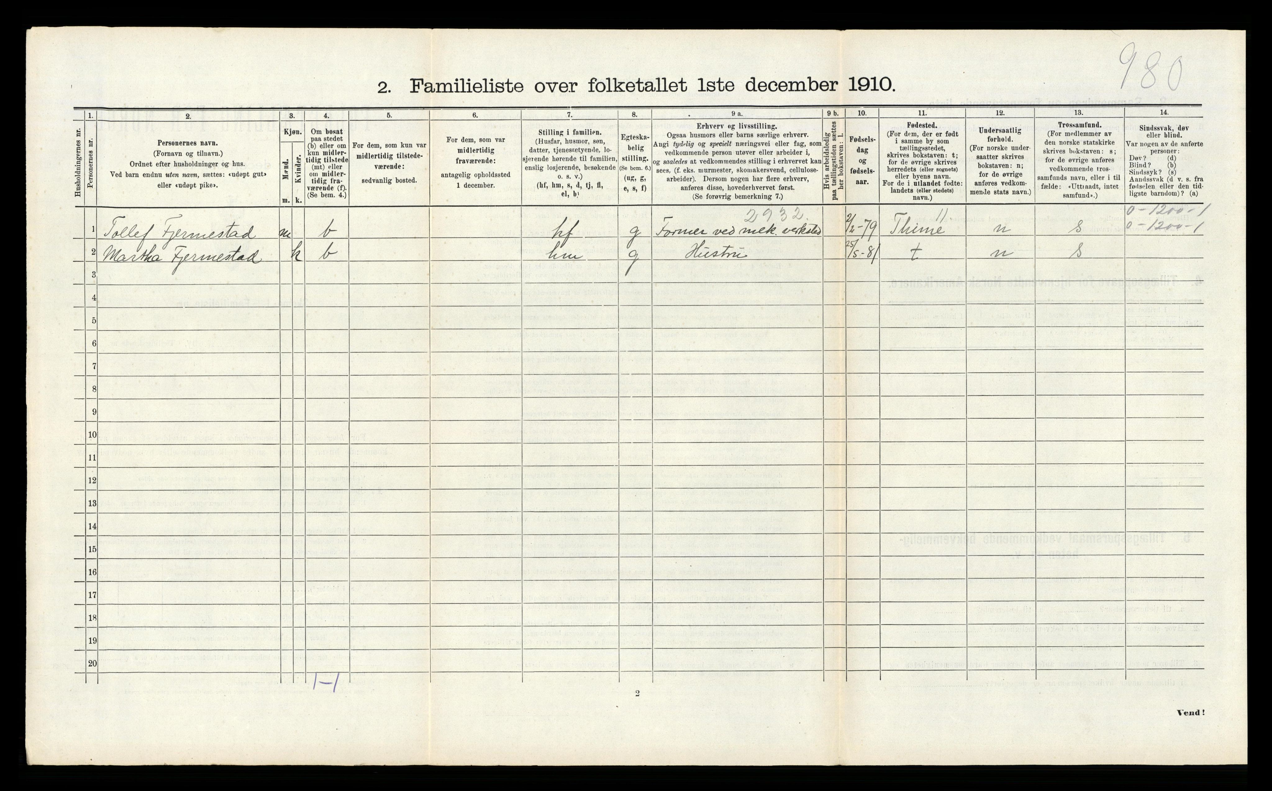 RA, 1910 census for Sandnes, 1910, p. 623