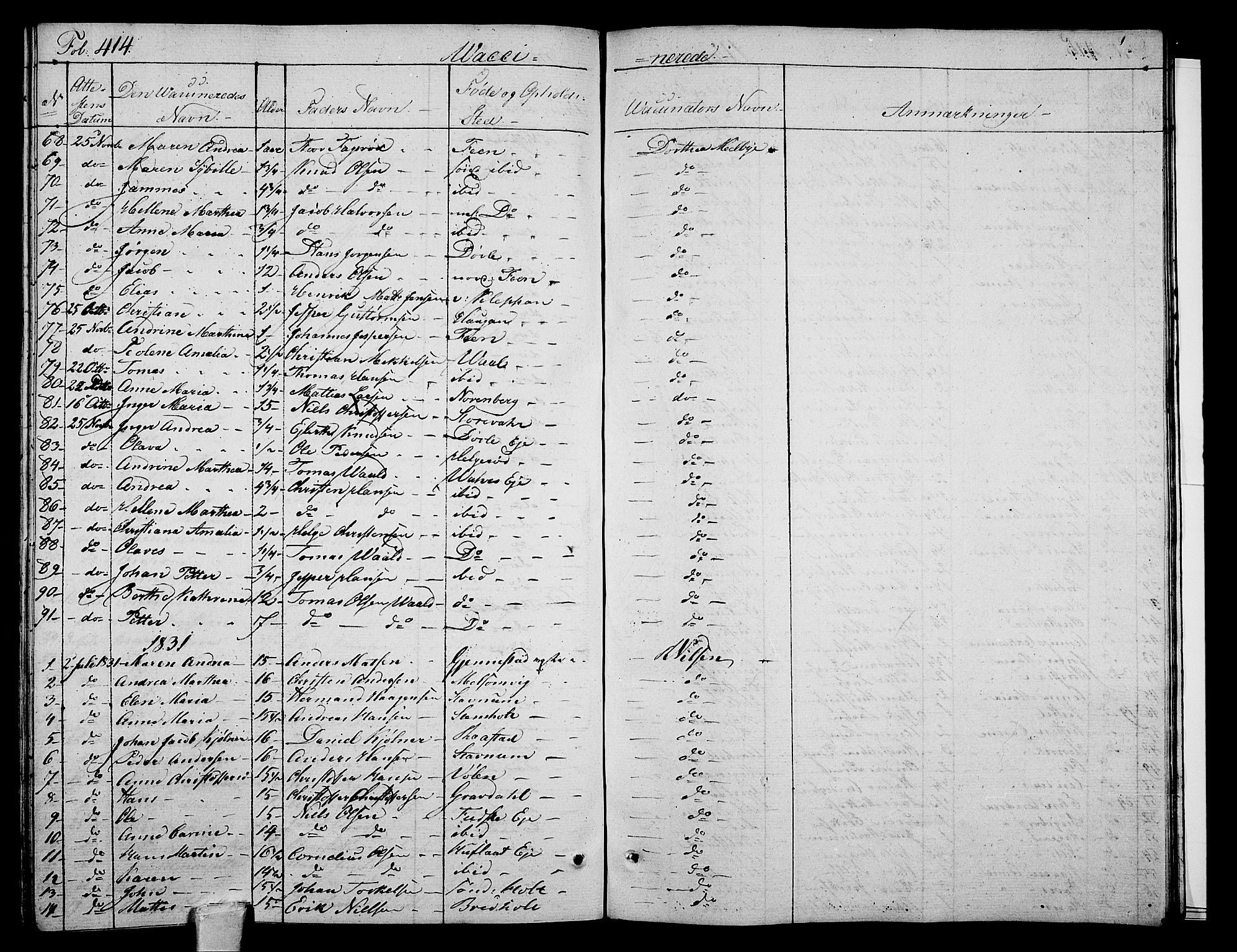 Stokke kirkebøker, AV/SAKO-A-320/F/Fa/L0006: Parish register (official) no. I 6, 1826-1843, p. 414