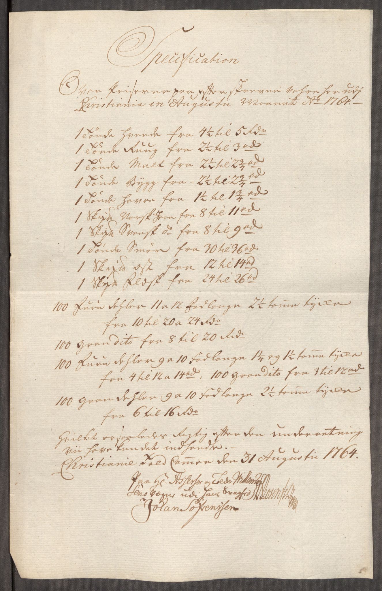 Rentekammeret inntil 1814, Realistisk ordnet avdeling, AV/RA-EA-4070/Oe/L0008: [Ø1]: Priskuranter, 1764-1768, p. 96