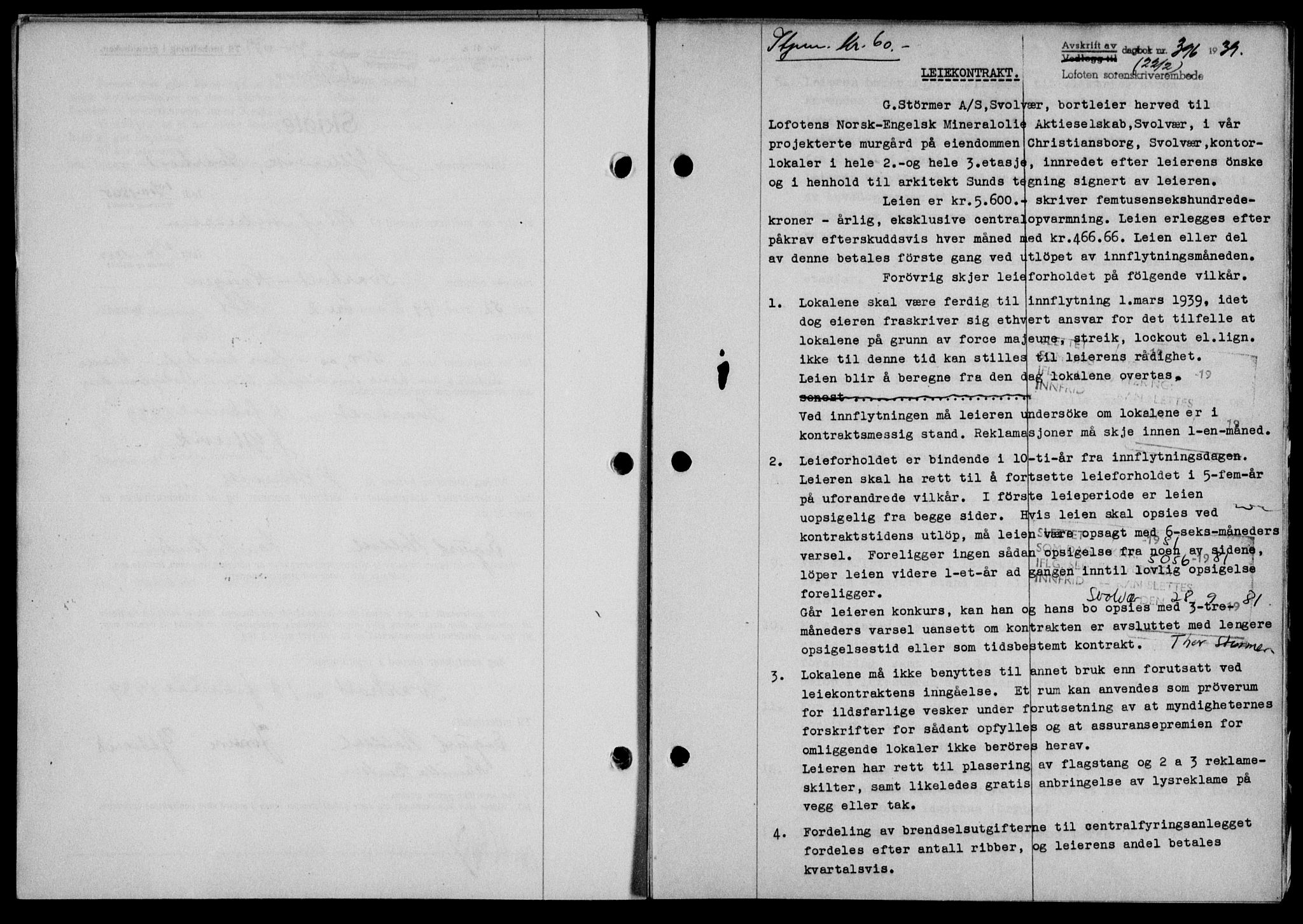 Lofoten sorenskriveri, SAT/A-0017/1/2/2C/L0005a: Mortgage book no. 5a, 1939-1939, Diary no: : 396/1939