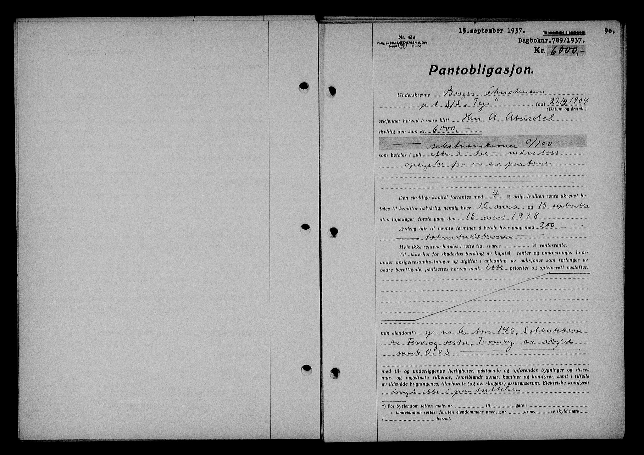 Nedenes sorenskriveri, SAK/1221-0006/G/Gb/Gba/L0044: Mortgage book no. 40, 1937-1938, Diary no: : 789/1937