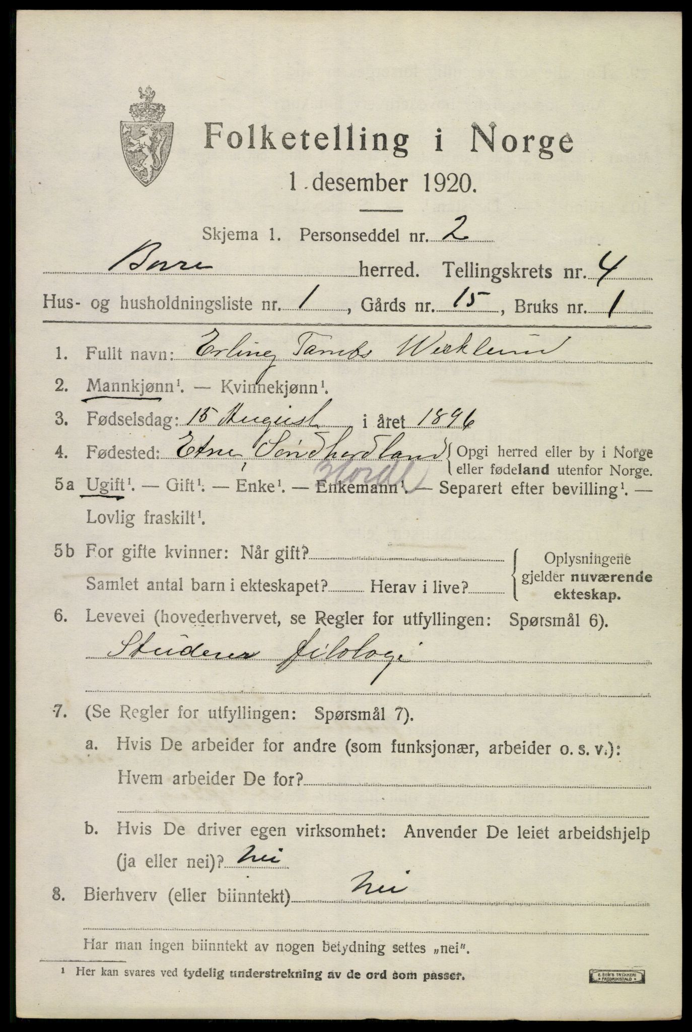 SAKO, 1920 census for Borre, 1920, p. 7136