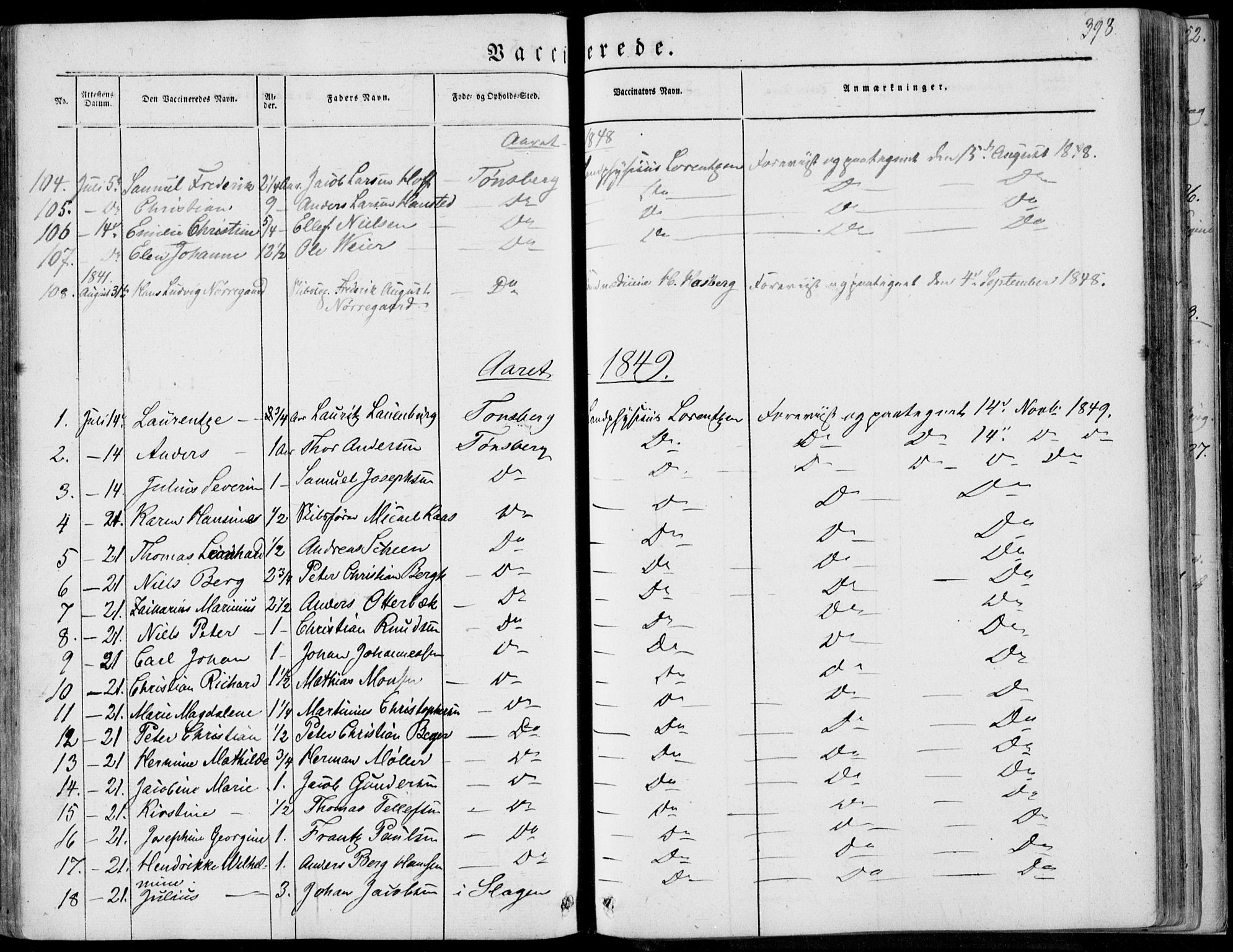 Tønsberg kirkebøker, SAKO/A-330/F/Fa/L0007: Parish register (official) no. I 7, 1845-1854, p. 398