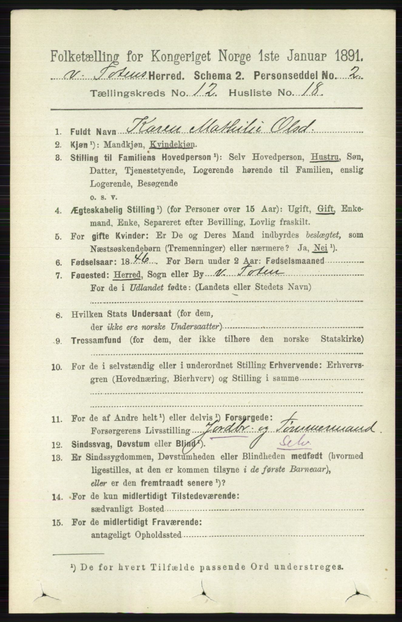 RA, 1891 census for 0529 Vestre Toten, 1891, p. 7386