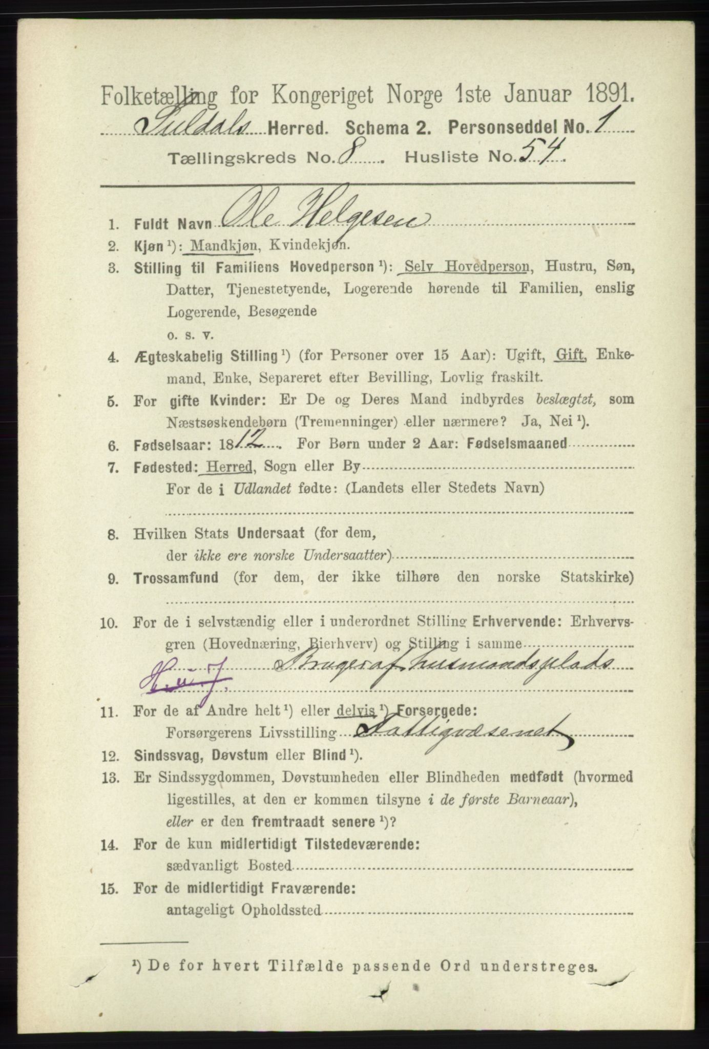 RA, 1891 census for 1134 Suldal, 1891, p. 2615