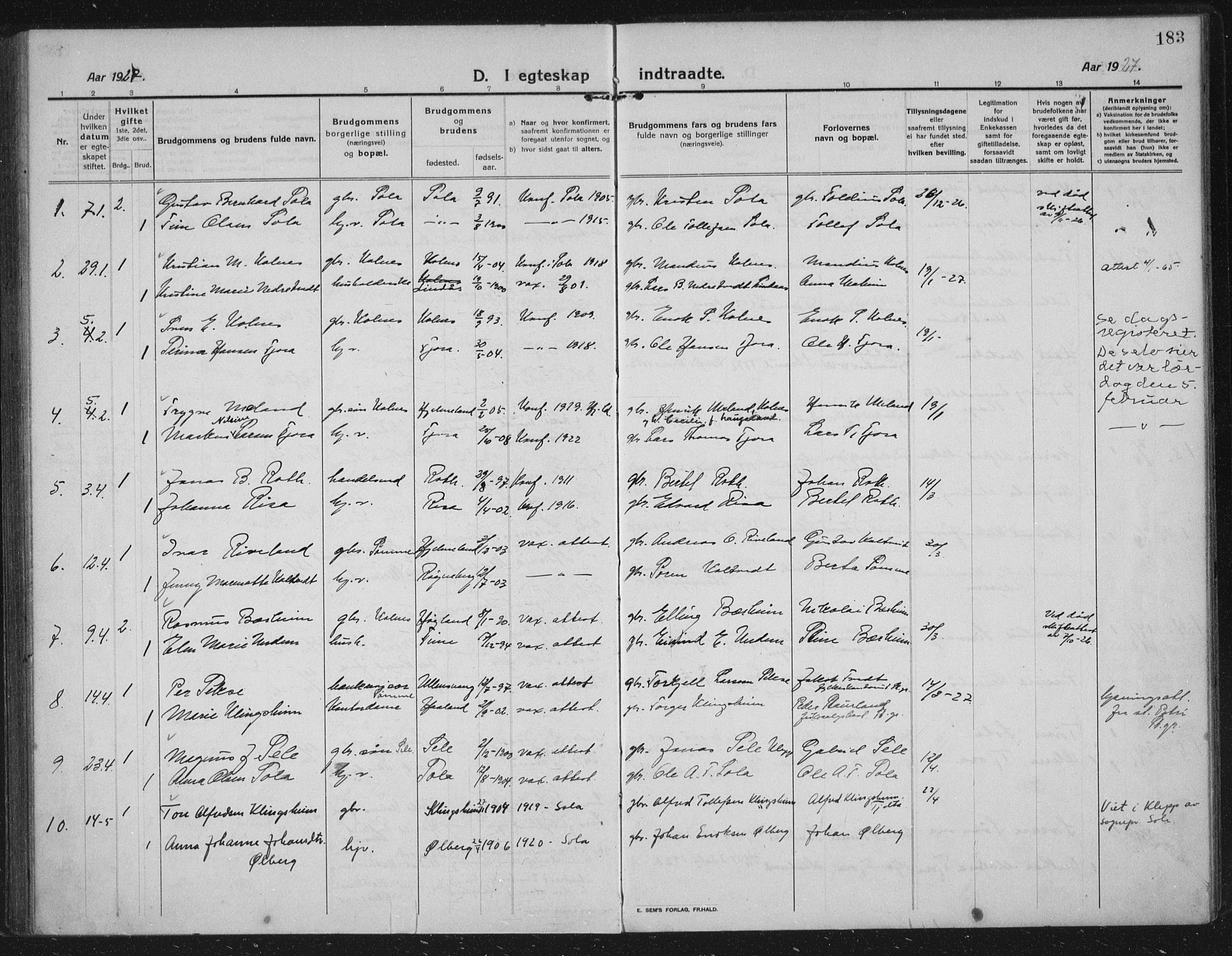 Håland sokneprestkontor, SAST/A-101802/002/C/L0001: Parish register (official) no. A 14, 1913-1927, p. 183