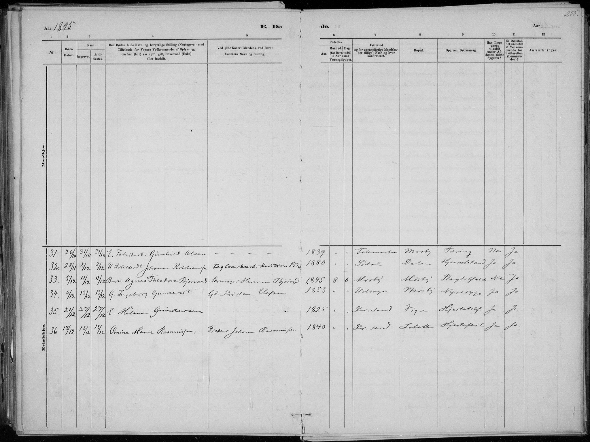 Oddernes sokneprestkontor, AV/SAK-1111-0033/F/Fa/Faa/L0009: Parish register (official) no. A 9, 1884-1896, p. 255