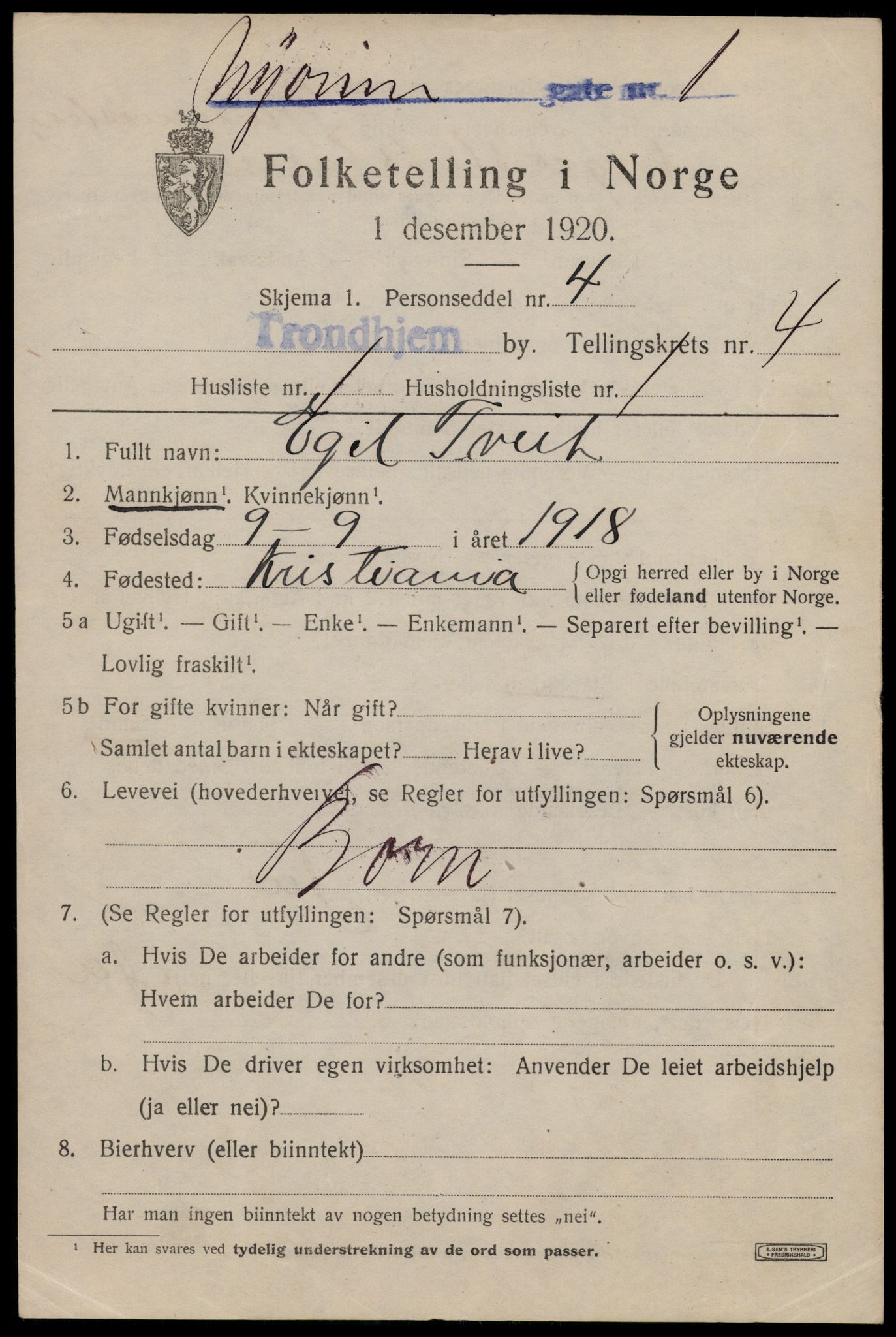 SAT, 1920 census for Trondheim, 1920, p. 36892