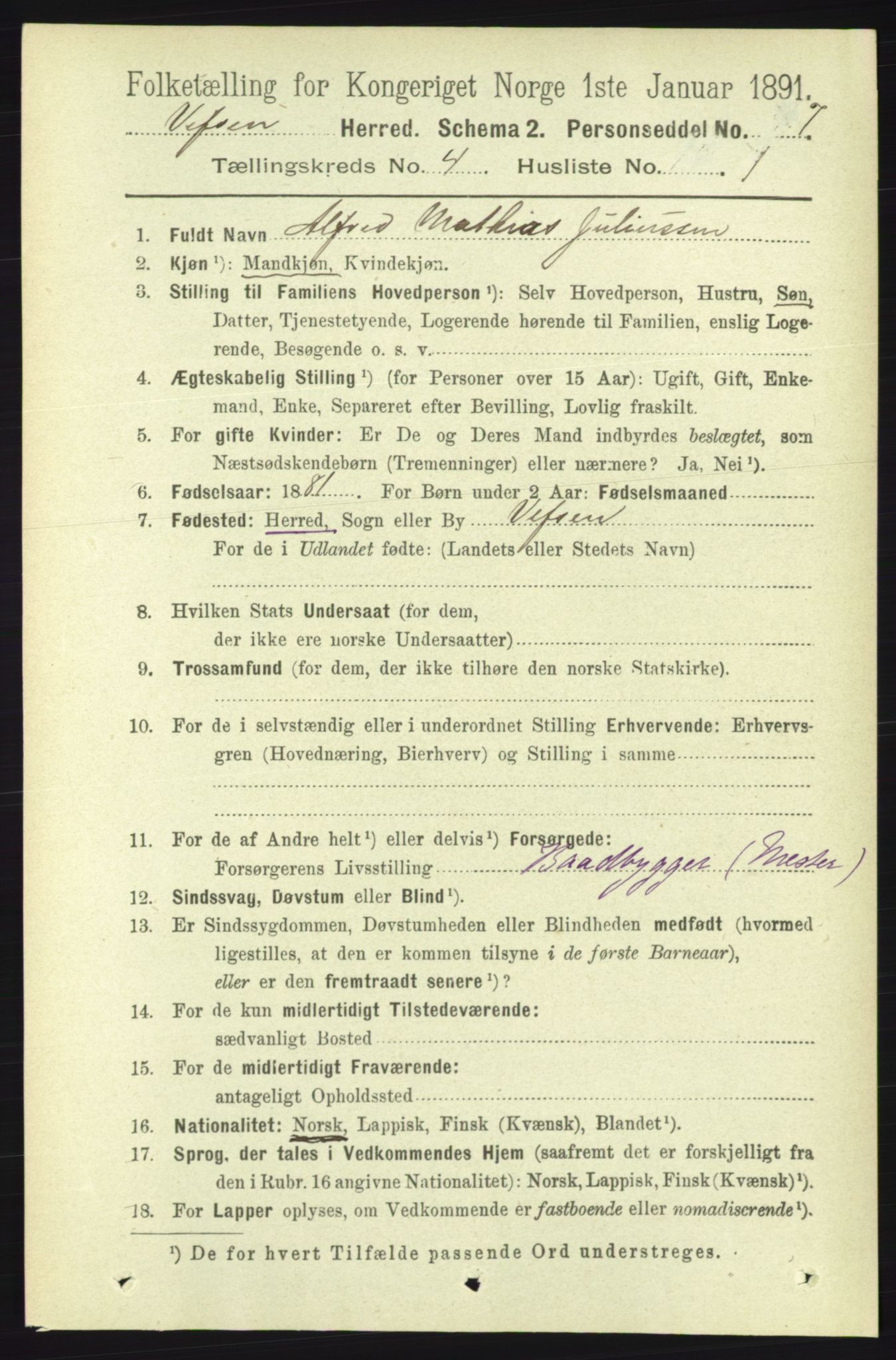 RA, 1891 census for 1824 Vefsn, 1891, p. 1627