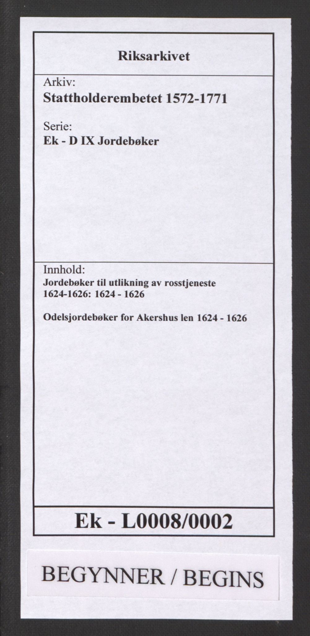 Stattholderembetet 1572-1771, AV/RA-EA-2870/Ek/L0008/0002: Jordebøker til utlikning av rosstjeneste 1624-1626: / Odelsjordebøker for Akershus len, 1624-1626, p. 1