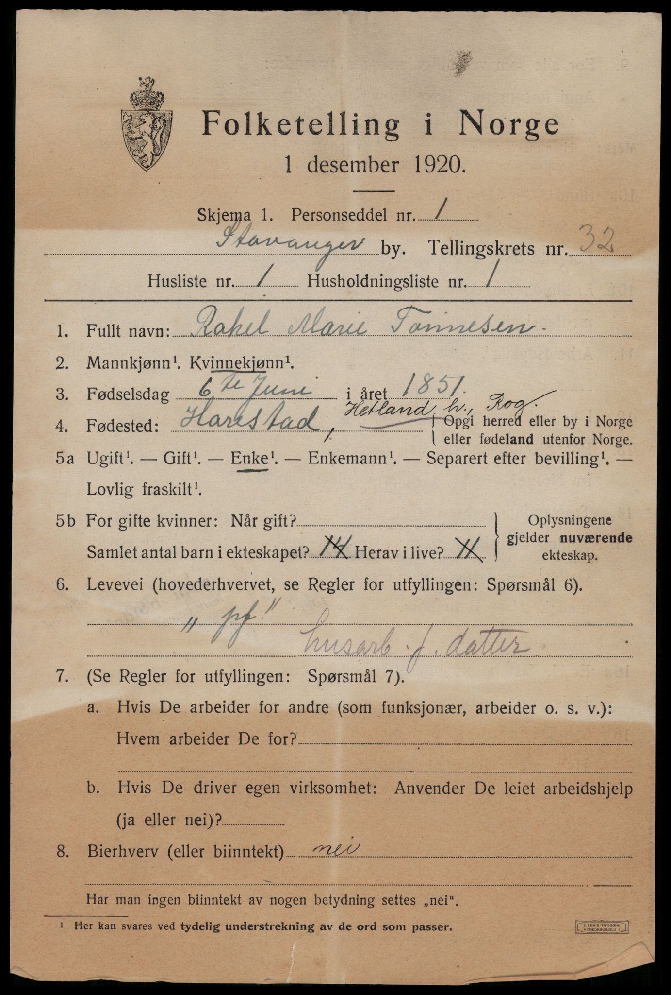 SAST, 1920 census for Stavanger, 1920, p. 88734