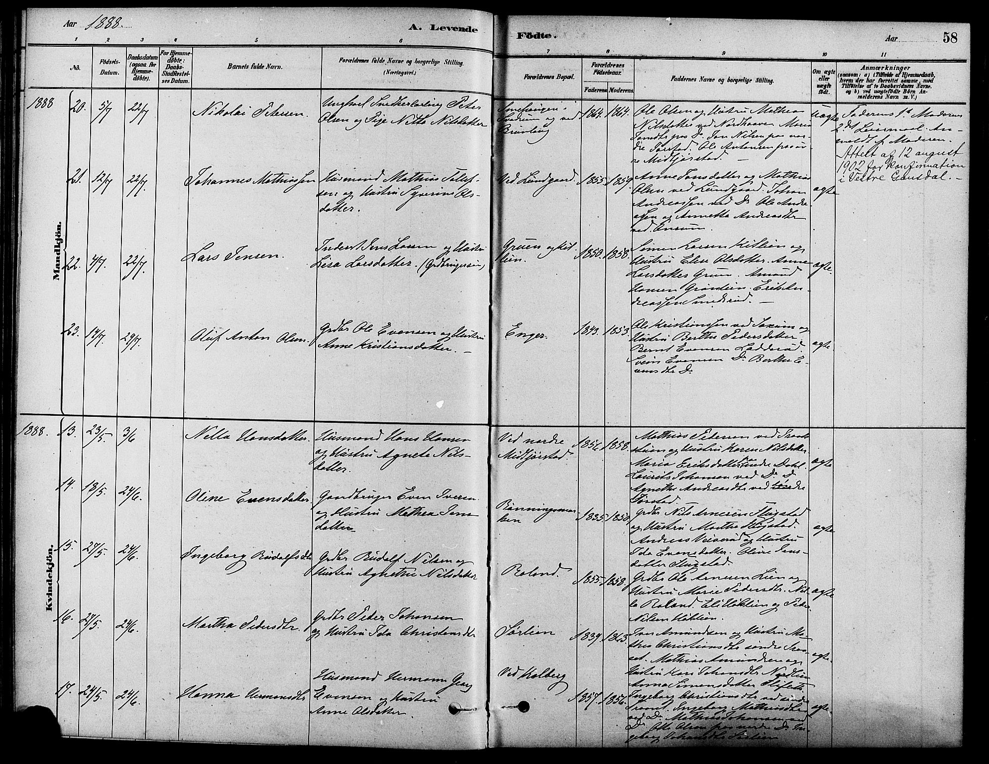 Fåberg prestekontor, SAH/PREST-086/H/Ha/Haa/L0008: Parish register (official) no. 8, 1879-1898, p. 58