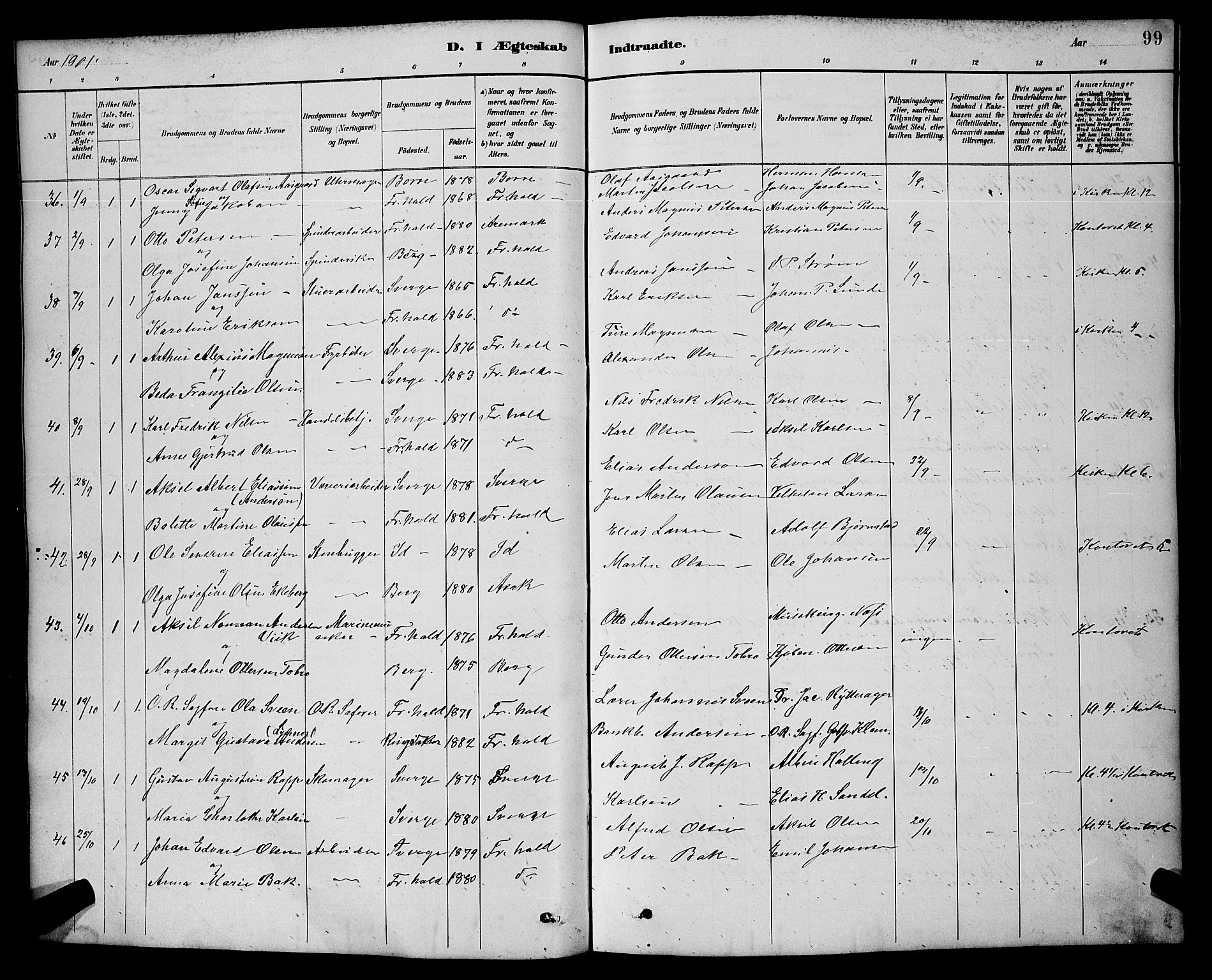 Halden prestekontor Kirkebøker, SAO/A-10909/G/Ga/L0009: Parish register (copy) no. 9, 1885-1908, p. 99