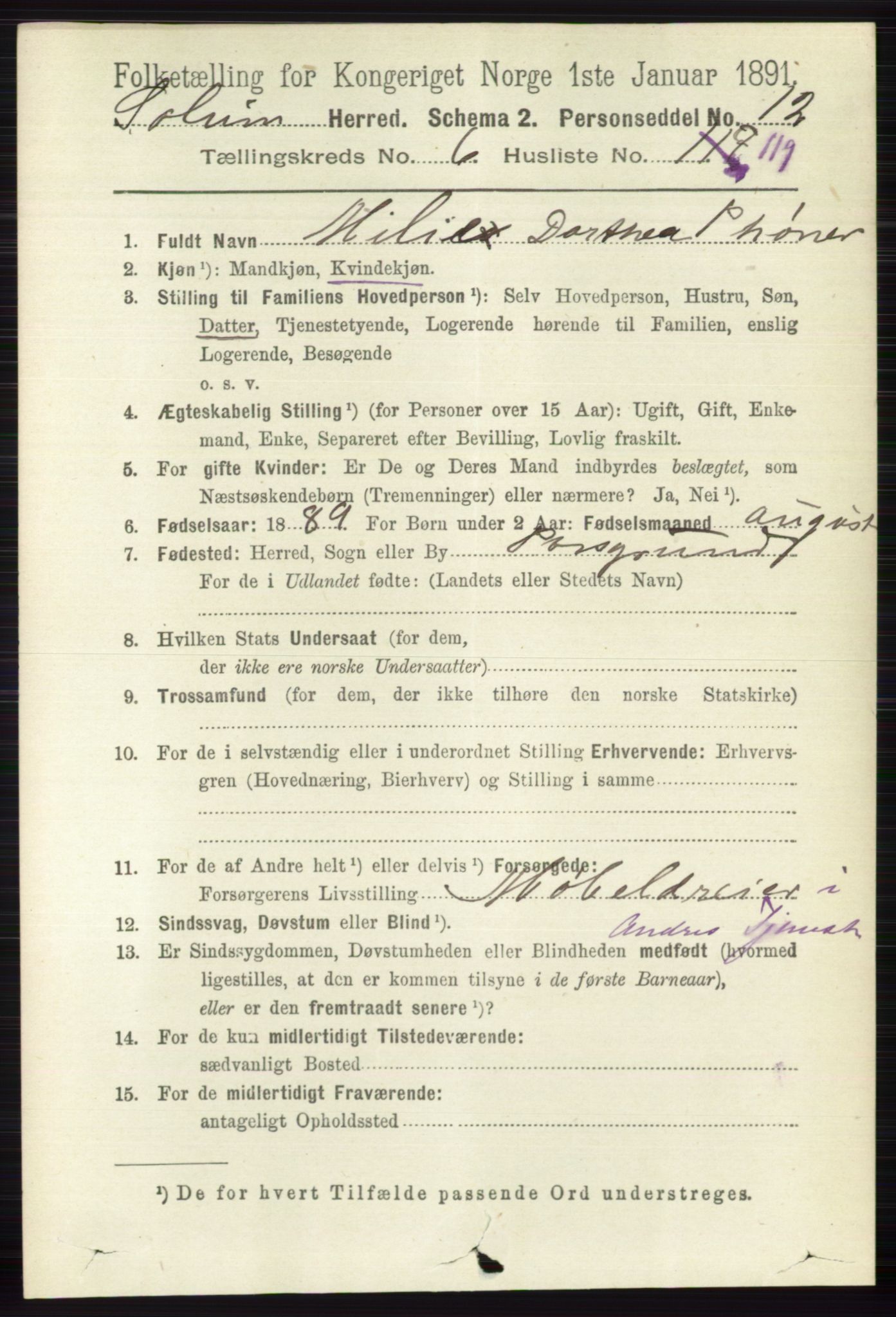 RA, 1891 census for 0818 Solum, 1891, p. 1854