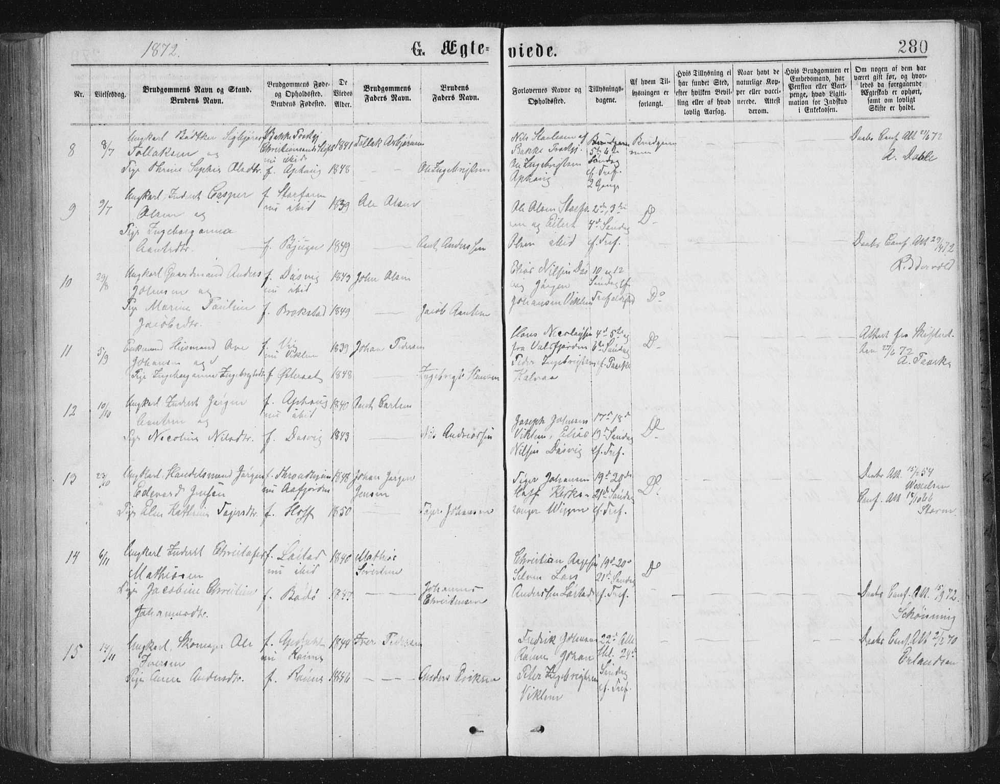 Ministerialprotokoller, klokkerbøker og fødselsregistre - Sør-Trøndelag, SAT/A-1456/659/L0745: Parish register (copy) no. 659C02, 1869-1892, p. 280