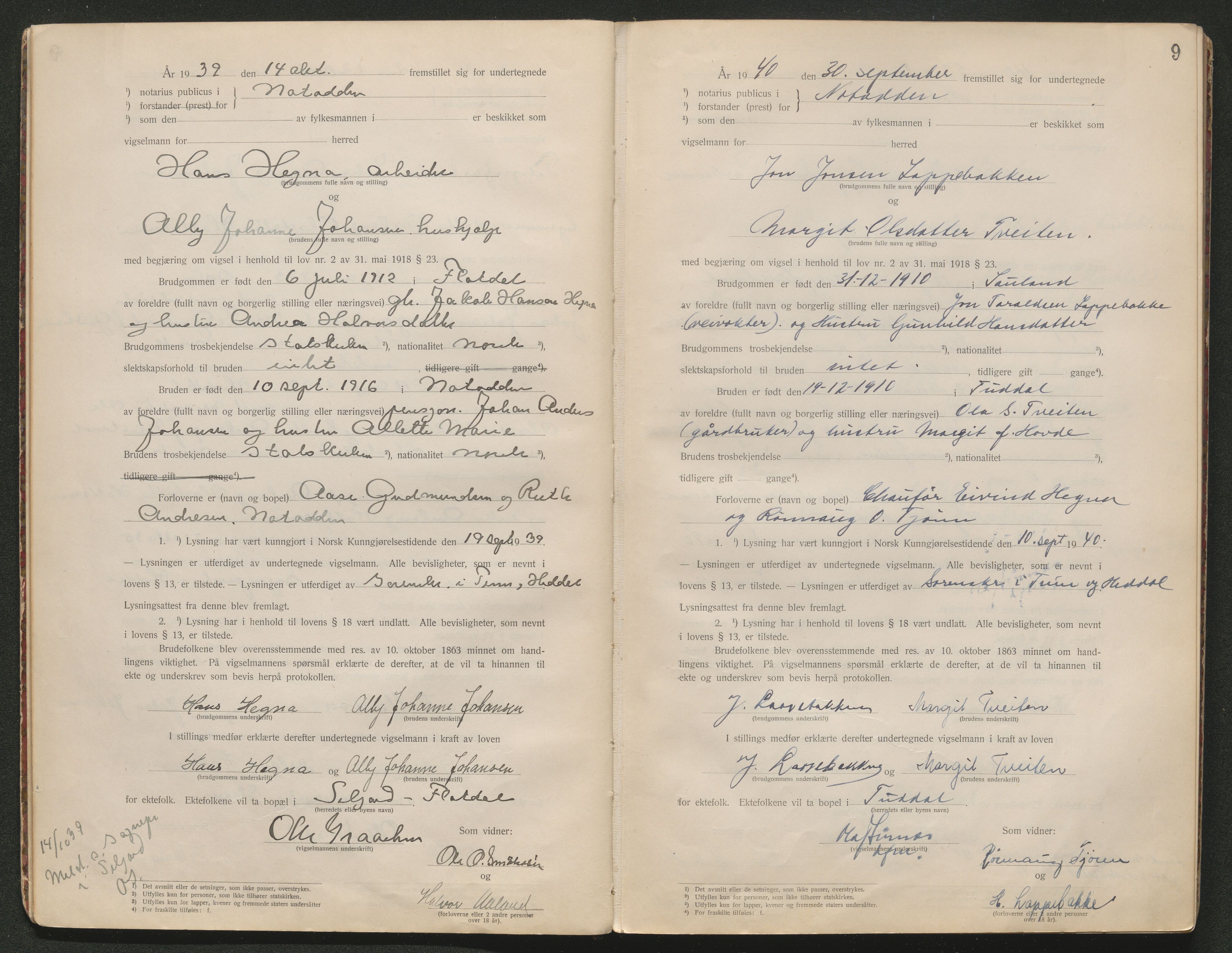 Tinn og Heddal sorenskriveri, AV/SAKO-A-212/L/La/L0003: Vigselsbok - , 1920-1945, p. 9