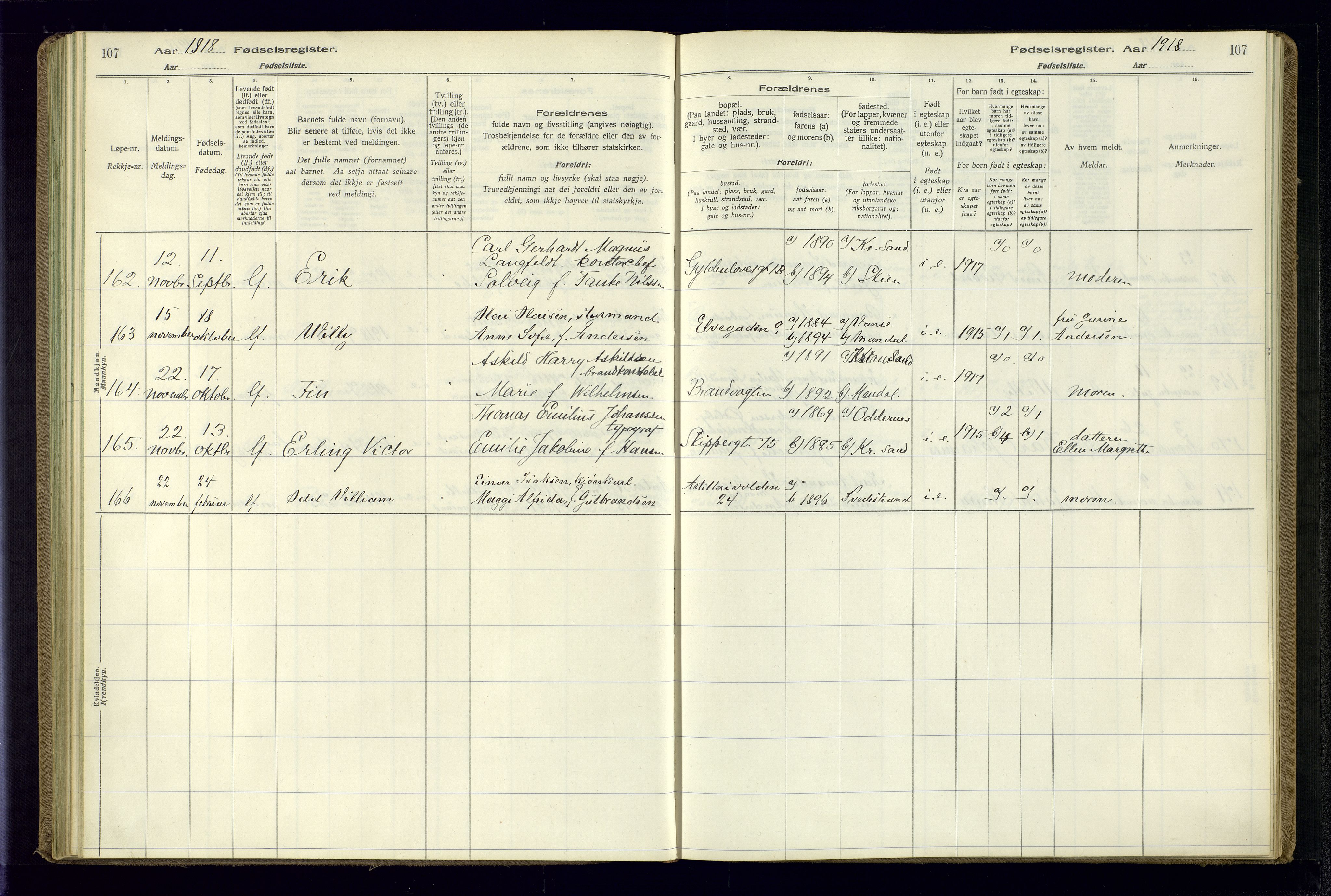 Kristiansand domprosti, AV/SAK-1112-0006/J/Jc/L0001: Birth register no. A-VI-45, 1916-1921, p. 107