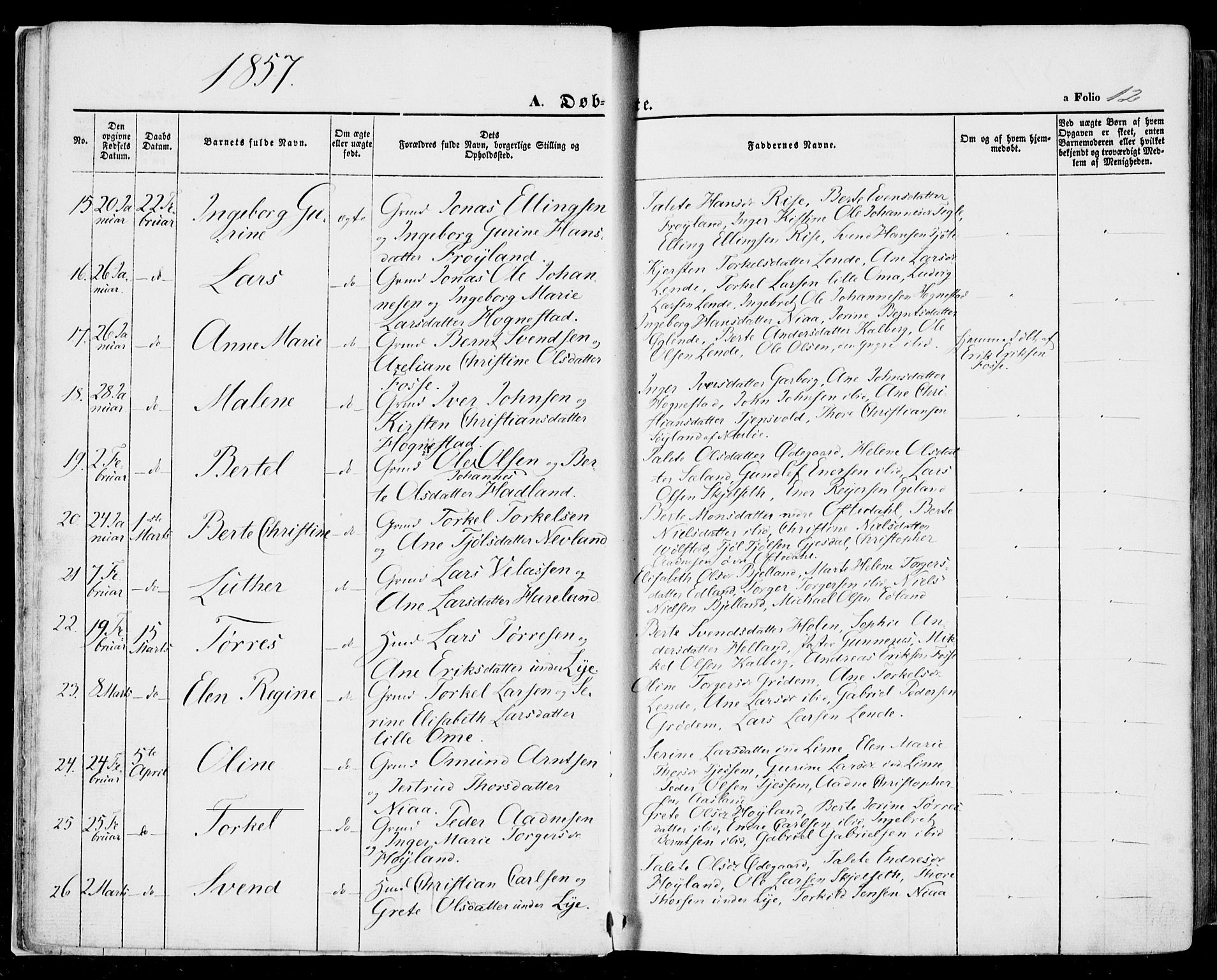 Lye sokneprestkontor, SAST/A-101794/001/30BA/L0007: Parish register (official) no. A 6, 1856-1871, p. 12