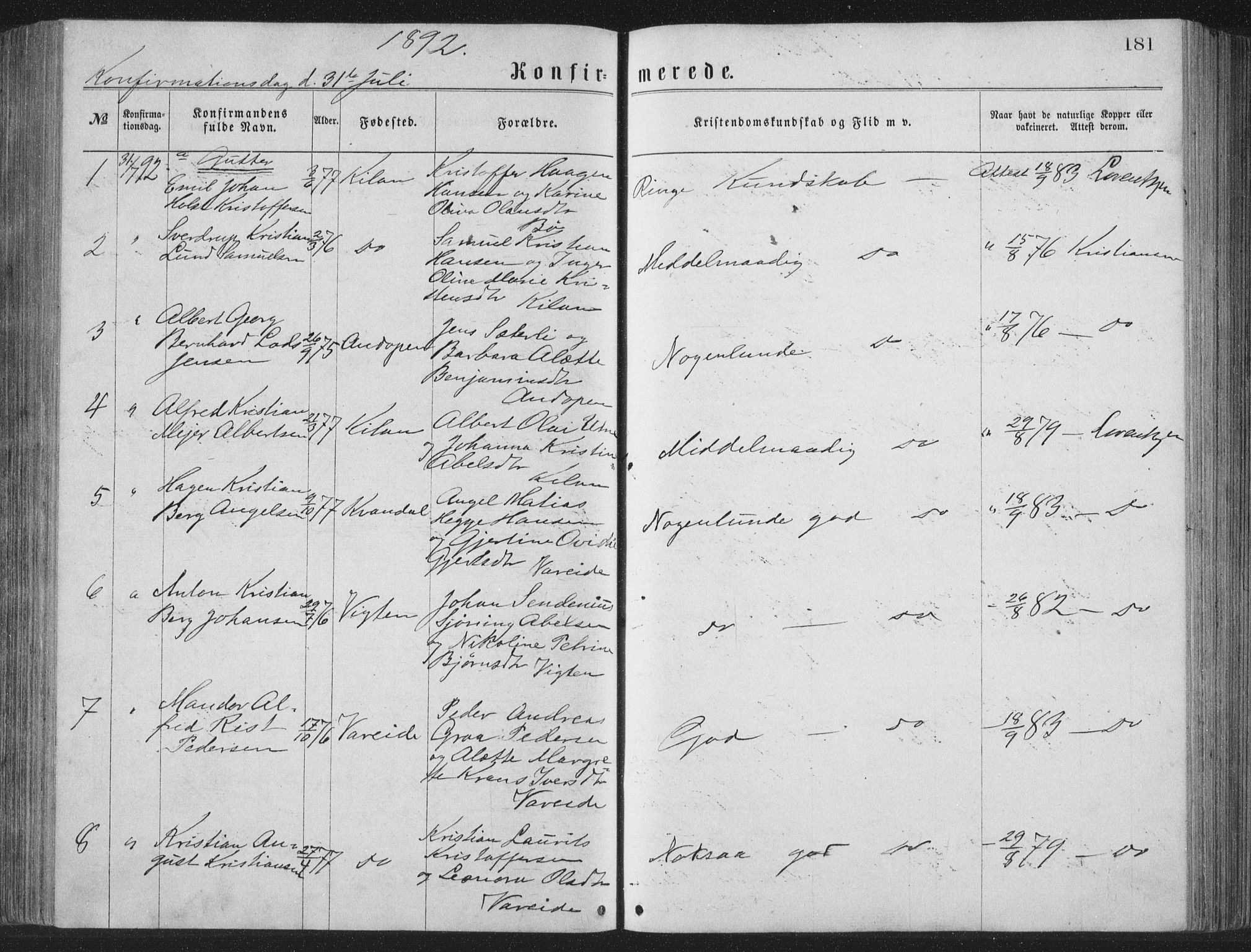 Ministerialprotokoller, klokkerbøker og fødselsregistre - Nordland, AV/SAT-A-1459/885/L1213: Parish register (copy) no. 885C02, 1874-1892, p. 181