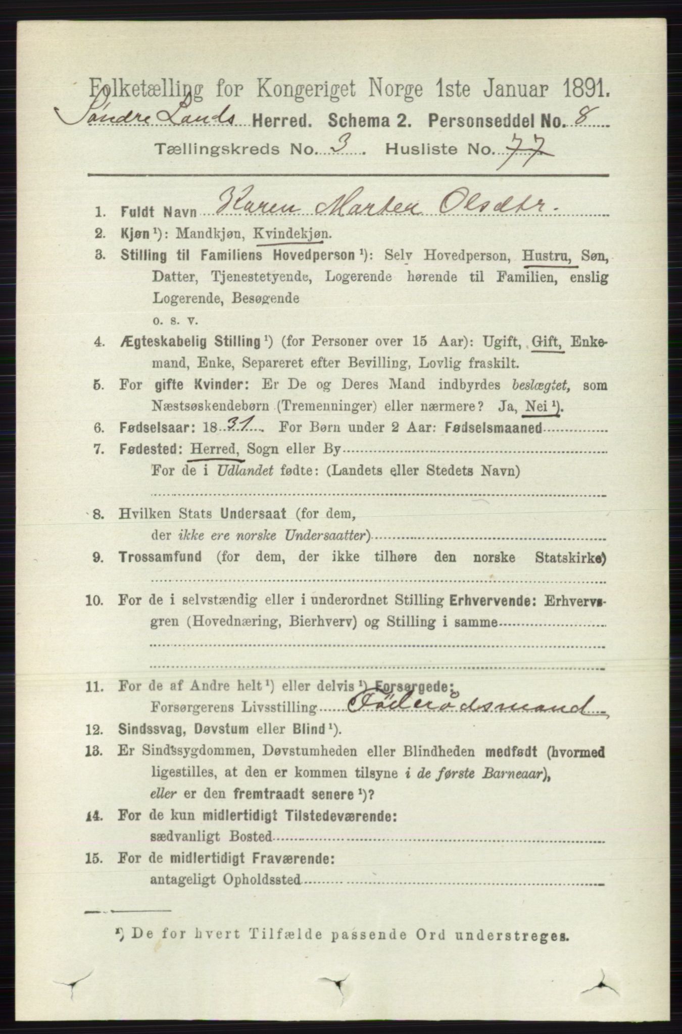 RA, 1891 census for 0536 Søndre Land, 1891, p. 2946