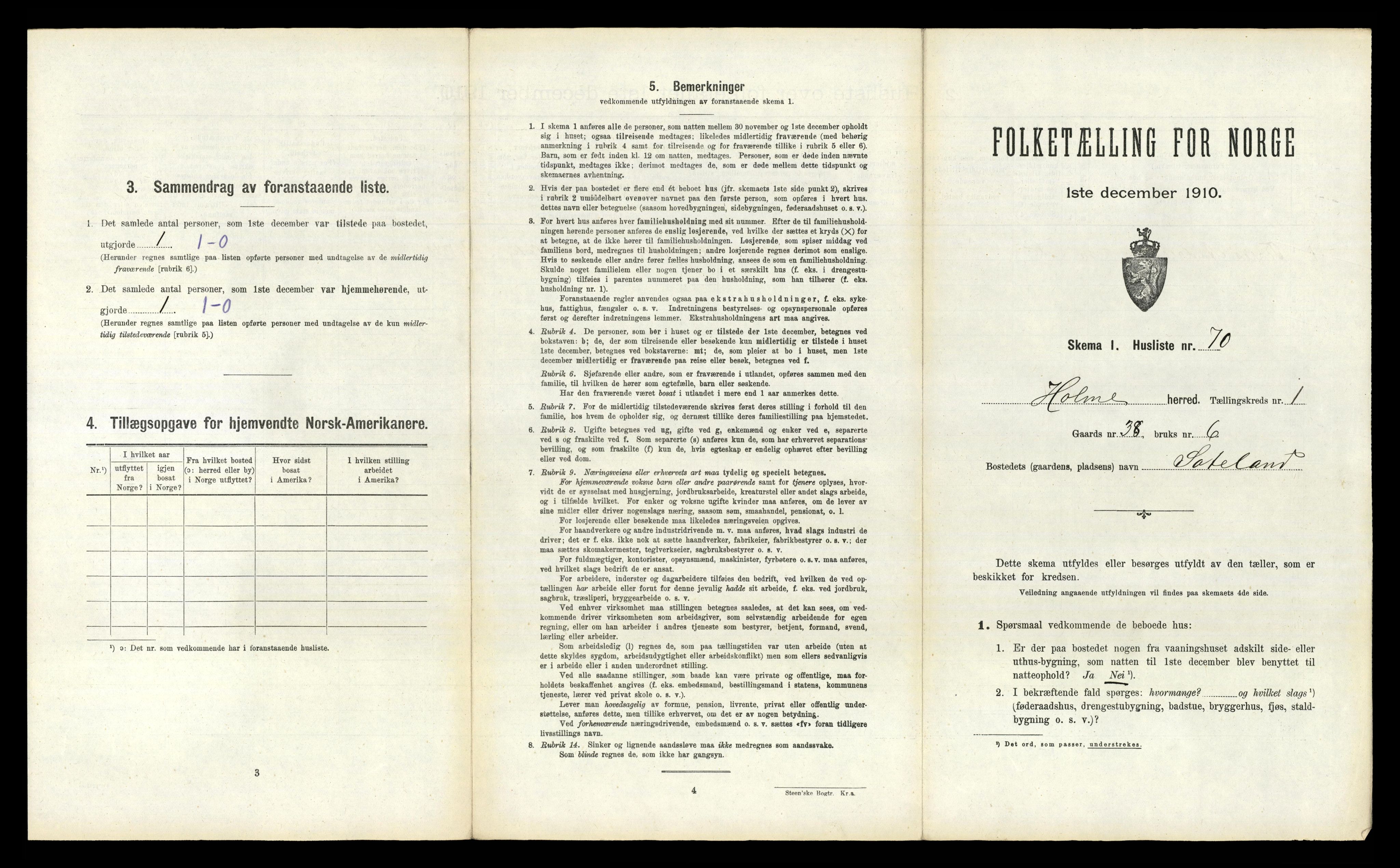 RA, 1910 census for Holum, 1910, p. 182