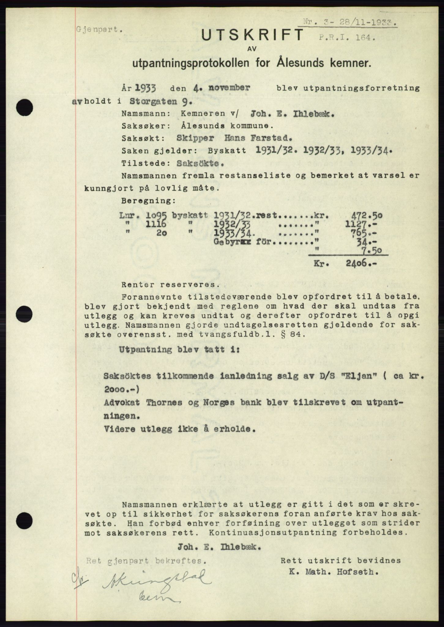 Ålesund byfogd, AV/SAT-A-4384: Mortgage book no. 31, 1933-1934, Deed date: 28.11.1933