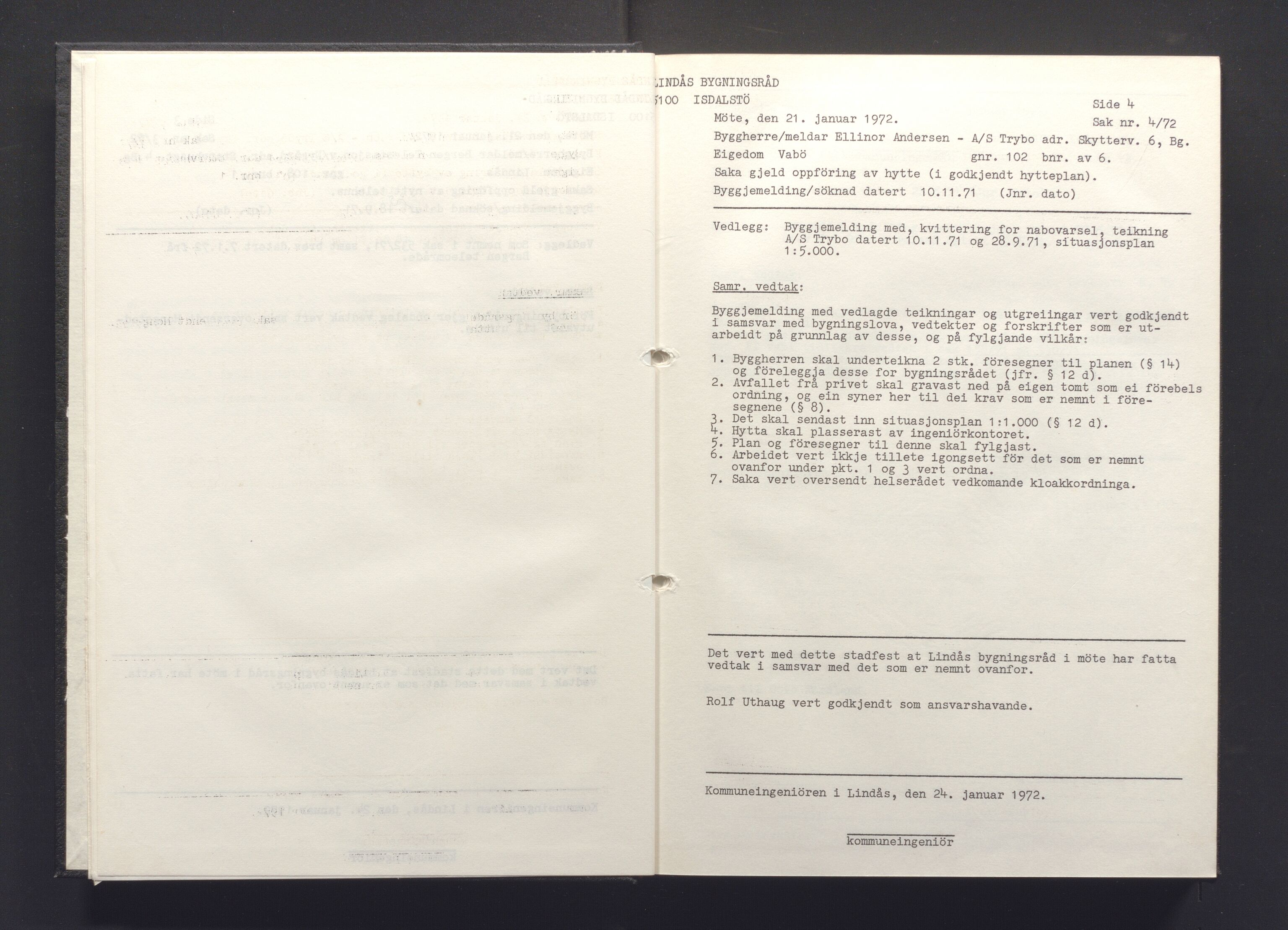 Lindås kommune. Bygningsrådet, IKAH/1263-511/A/Aa/L0009: Møtebok for Lindås bygningsråd, 1972