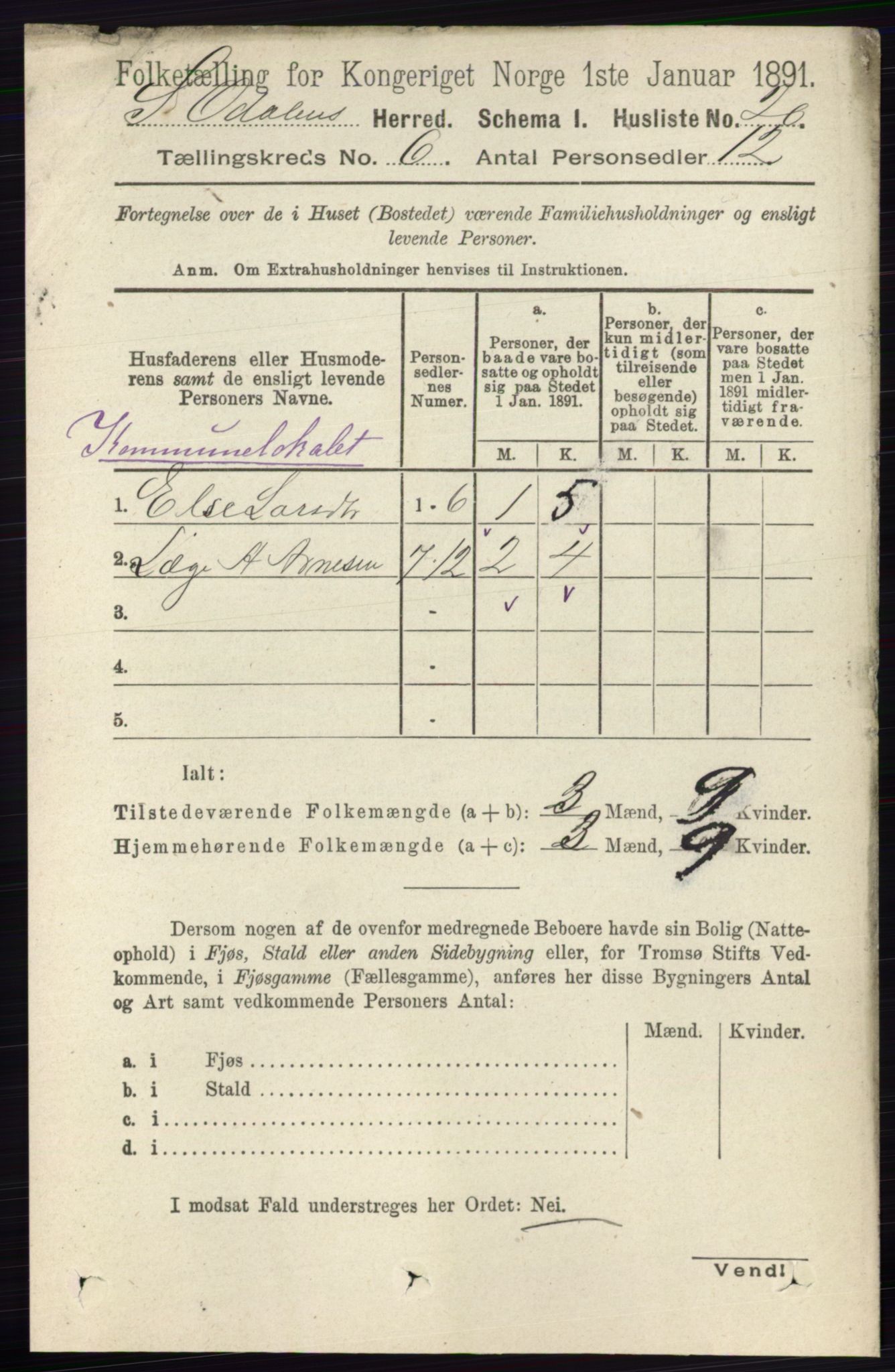 RA, 1891 census for 0419 Sør-Odal, 1891, p. 2706