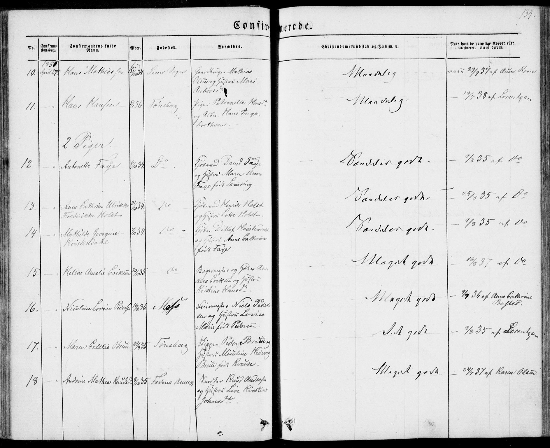 Tønsberg kirkebøker, AV/SAKO-A-330/F/Fa/L0007: Parish register (official) no. I 7, 1845-1854, p. 134