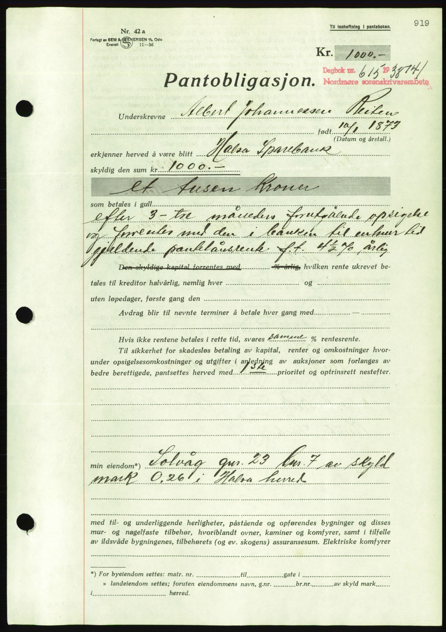 Nordmøre sorenskriveri, AV/SAT-A-4132/1/2/2Ca/L0092: Mortgage book no. B82, 1937-1938, Diary no: : 615/1938