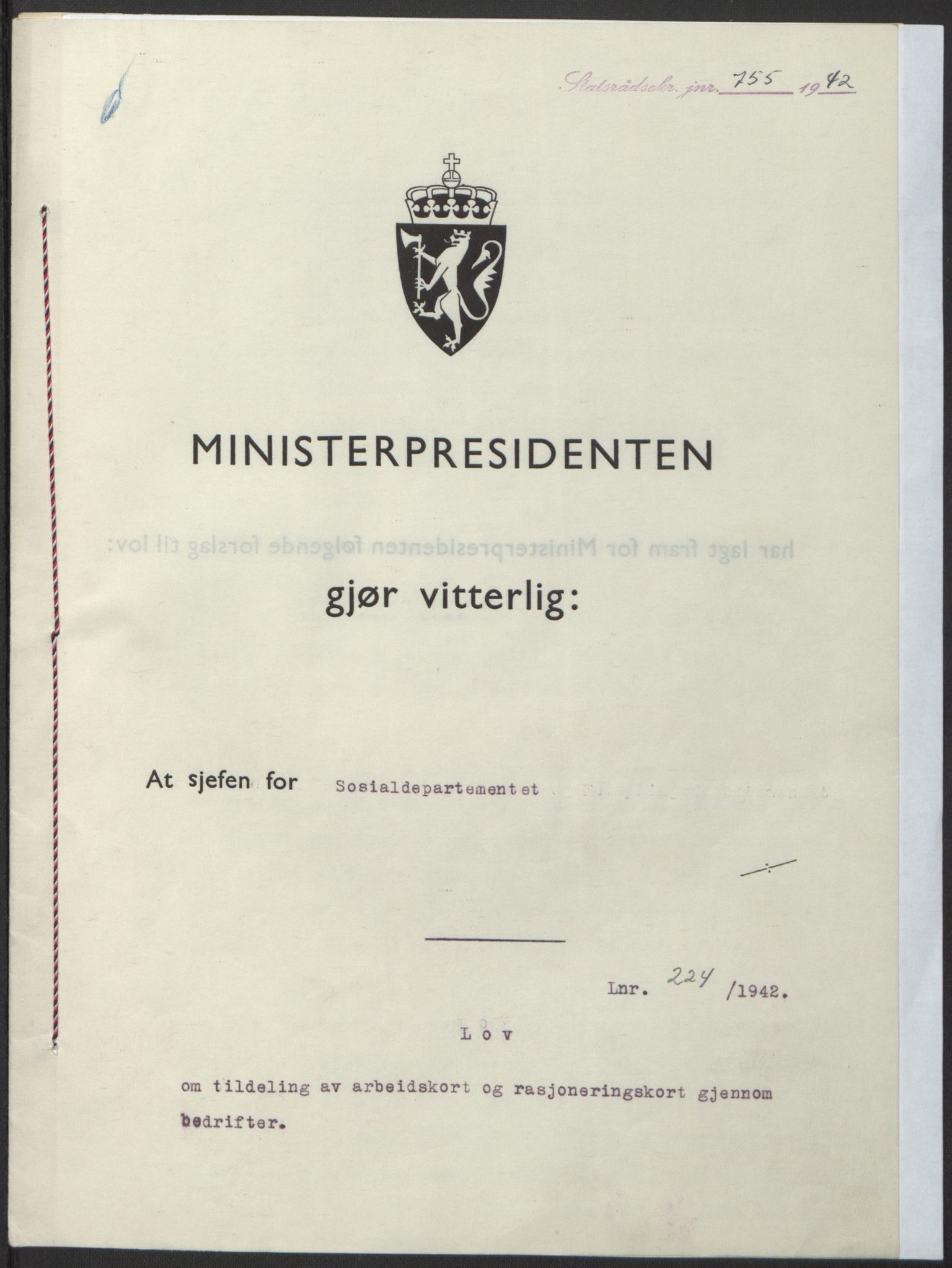 NS-administrasjonen 1940-1945 (Statsrådsekretariatet, de kommisariske statsråder mm), RA/S-4279/D/Db/L0098: Lover II, 1942, p. 536