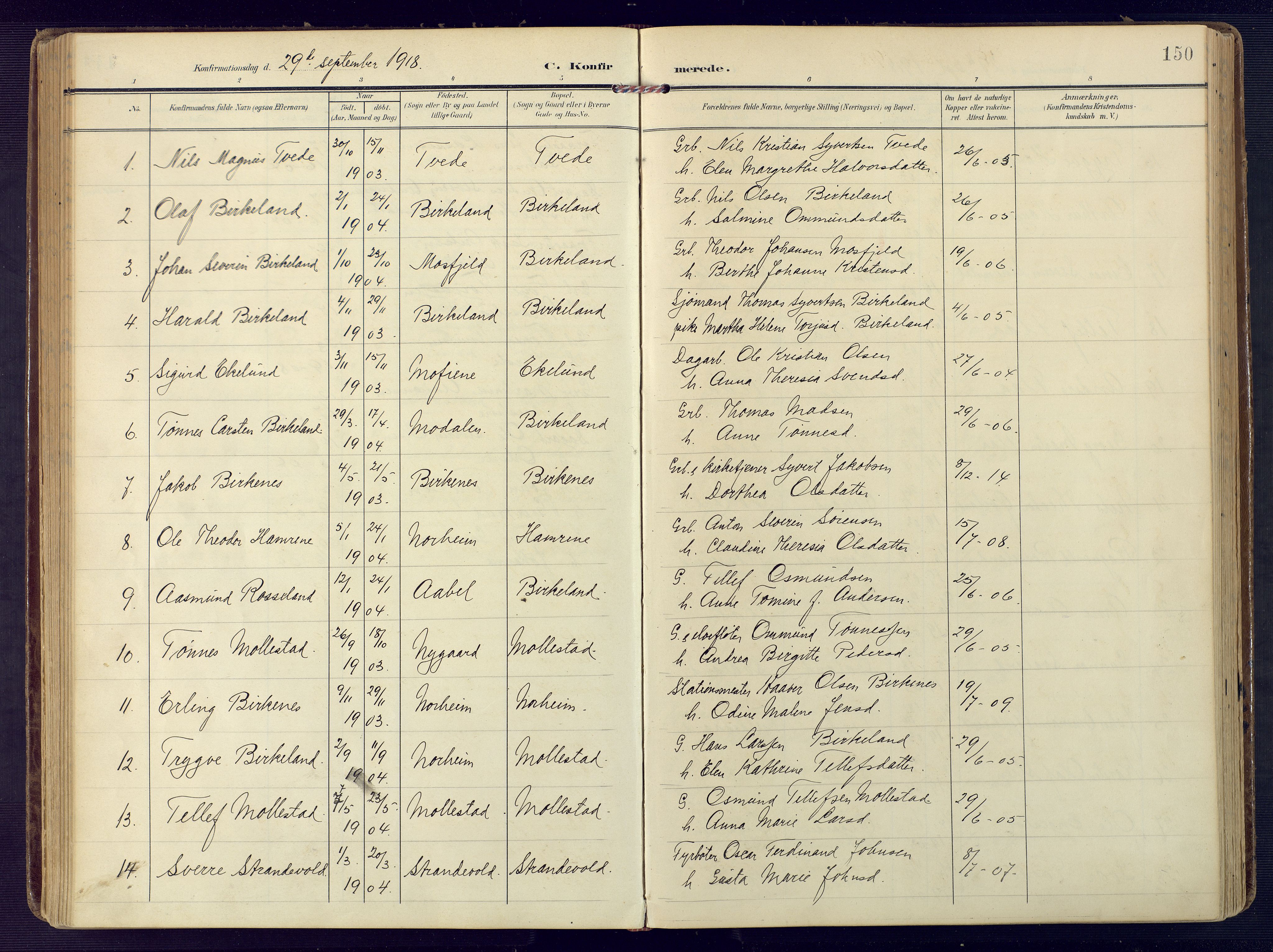 Birkenes sokneprestkontor, SAK/1111-0004/F/Fa/L0006: Parish register (official) no. A 6, 1908-1932, p. 150