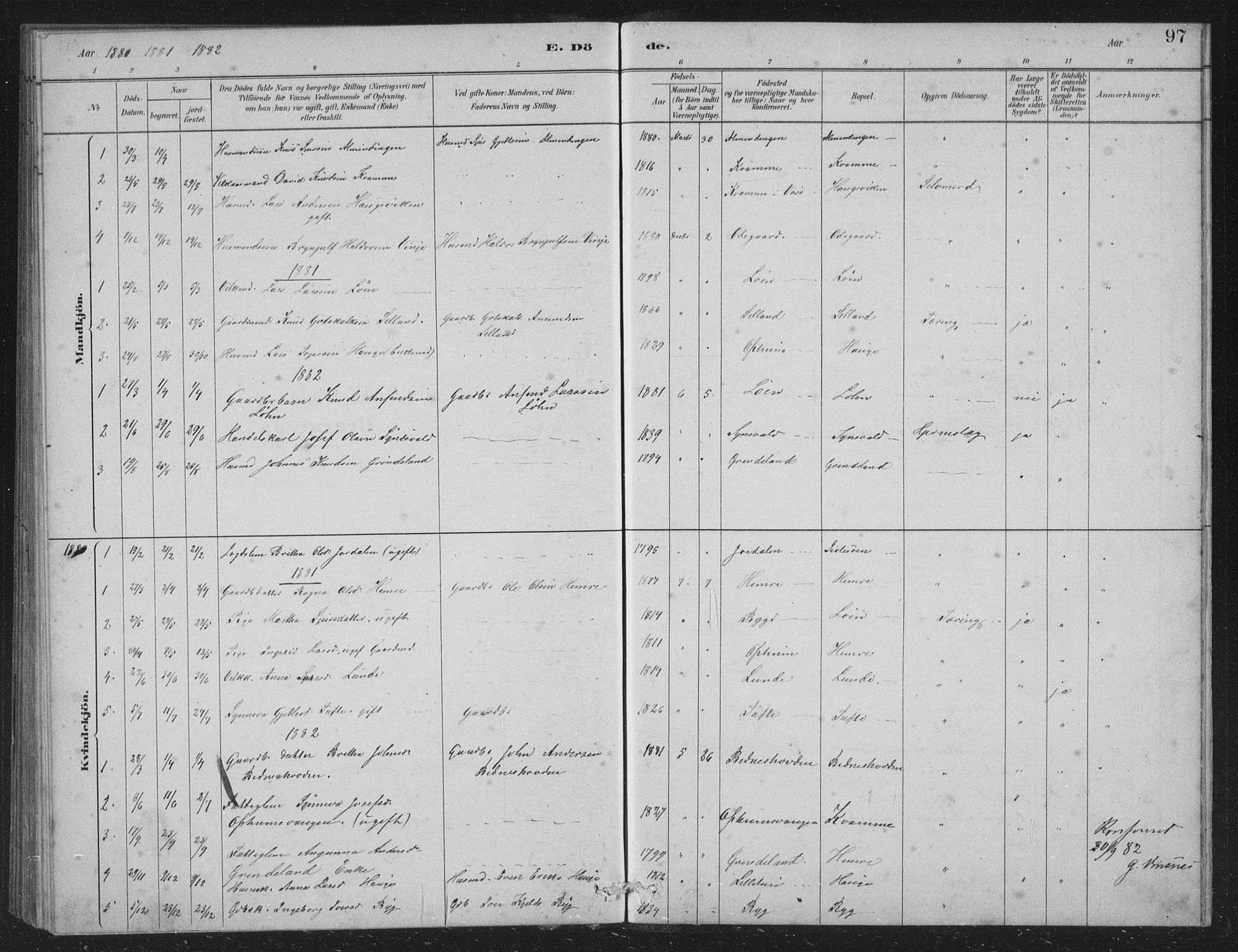 Vossestrand Sokneprestembete, SAB/A-79101/H/Hab: Parish register (copy) no. A 2, 1880-1902, p. 97
