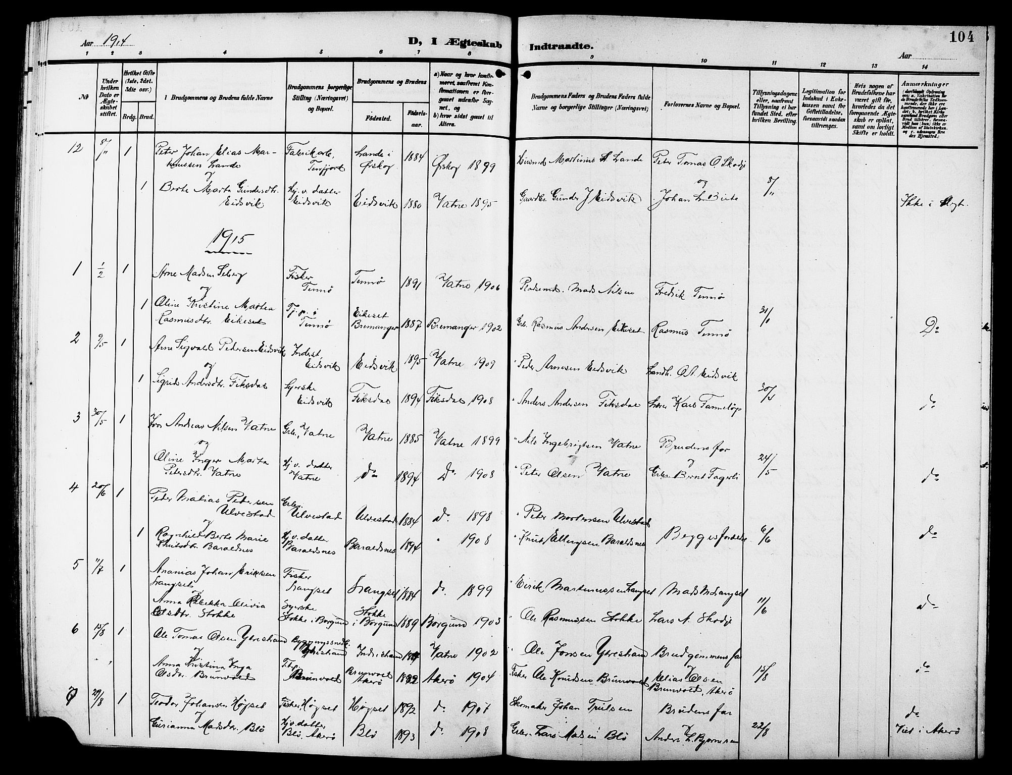 Ministerialprotokoller, klokkerbøker og fødselsregistre - Møre og Romsdal, AV/SAT-A-1454/525/L0377: Parish register (copy) no. 525C03, 1903-1917, p. 104