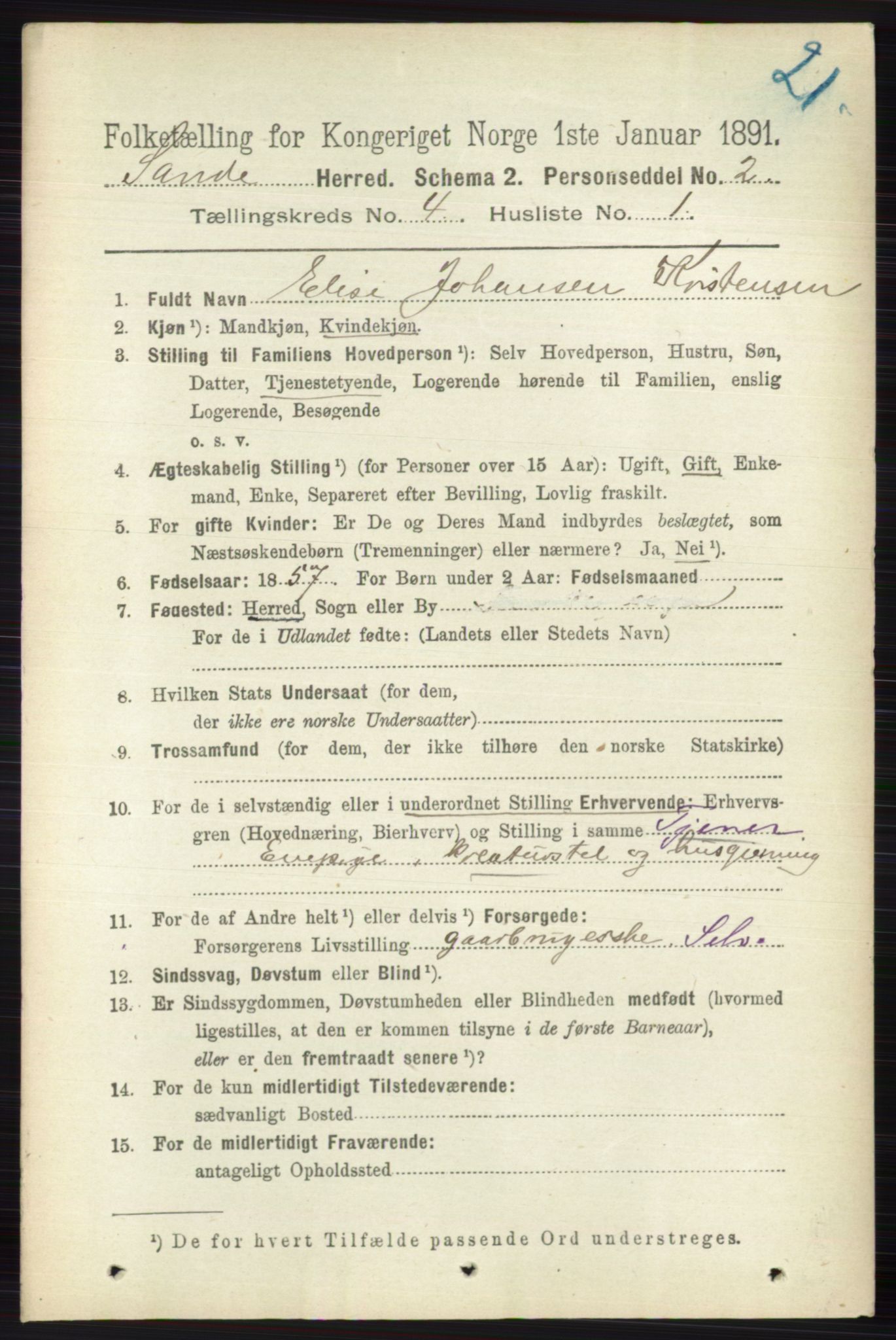 RA, 1891 census for 0713 Sande, 1891, p. 1485