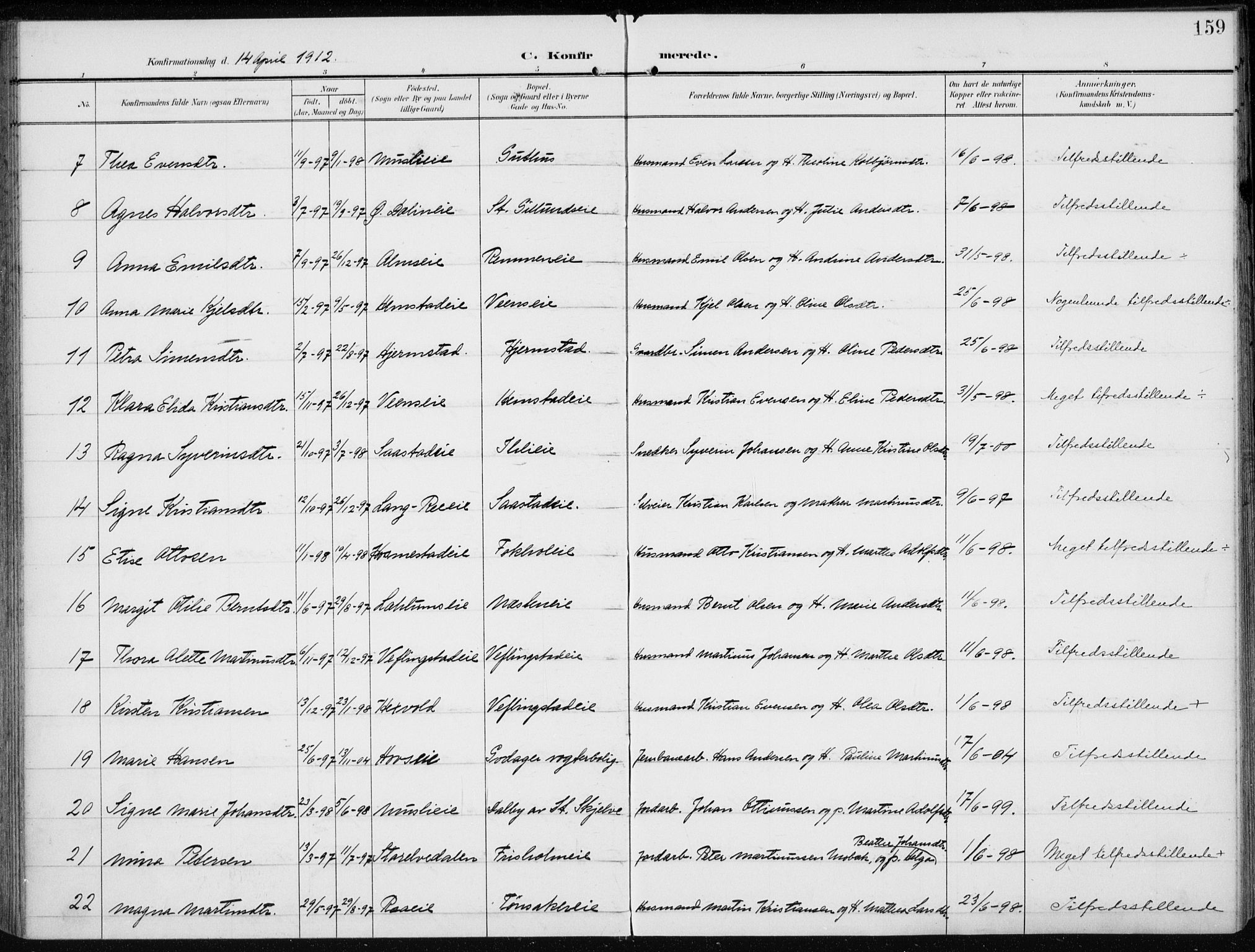Stange prestekontor, SAH/PREST-002/K/L0024: Parish register (official) no. 24, 1906-1922, p. 159