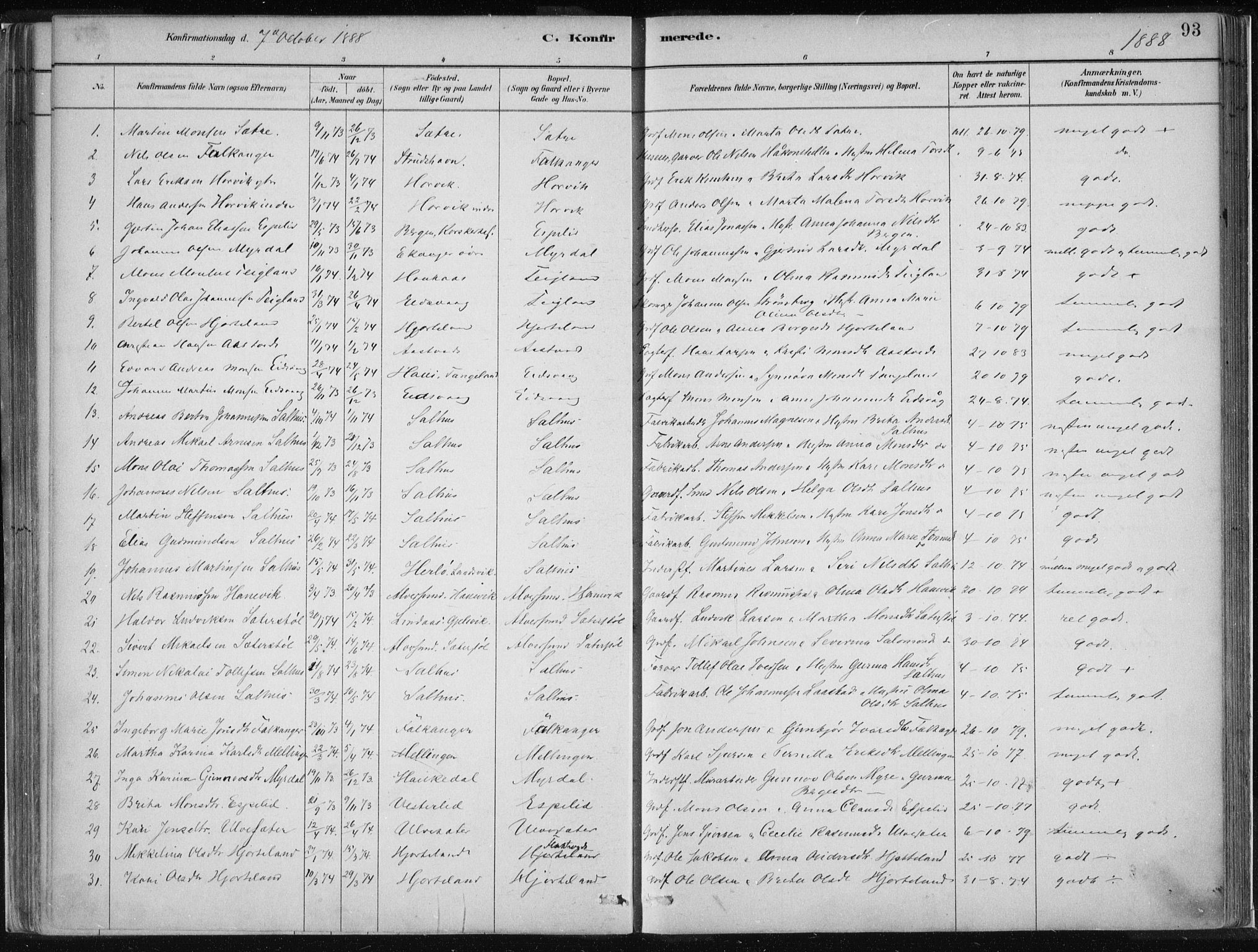 Hamre sokneprestembete, SAB/A-75501/H/Ha/Haa/Haad/L0001: Parish register (official) no. D  1, 1882-1906, p. 93