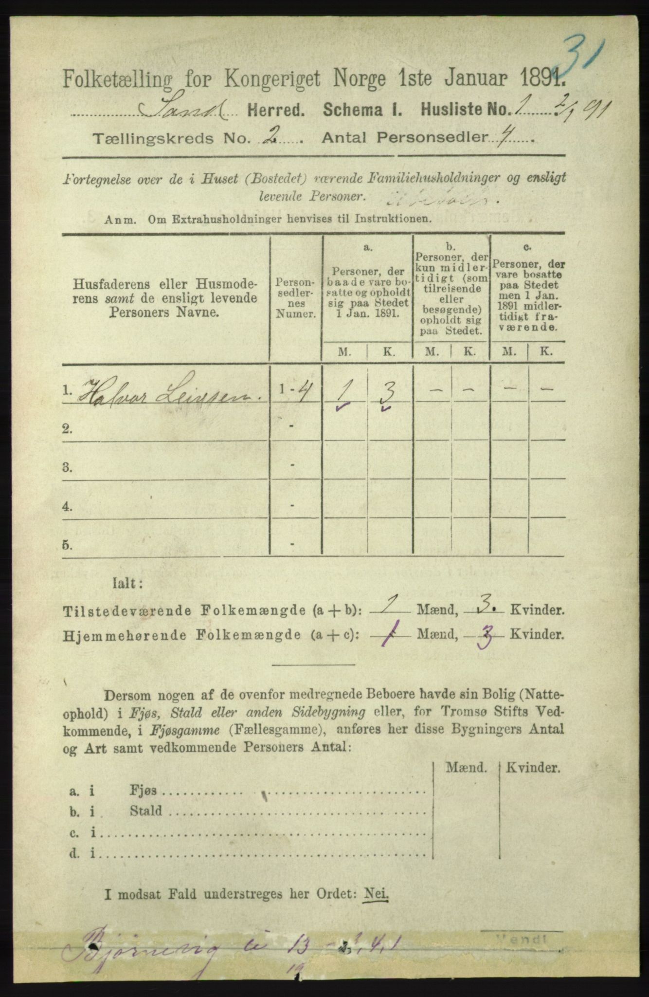 RA, 1891 census for 1136 Sand, 1891, p. 284