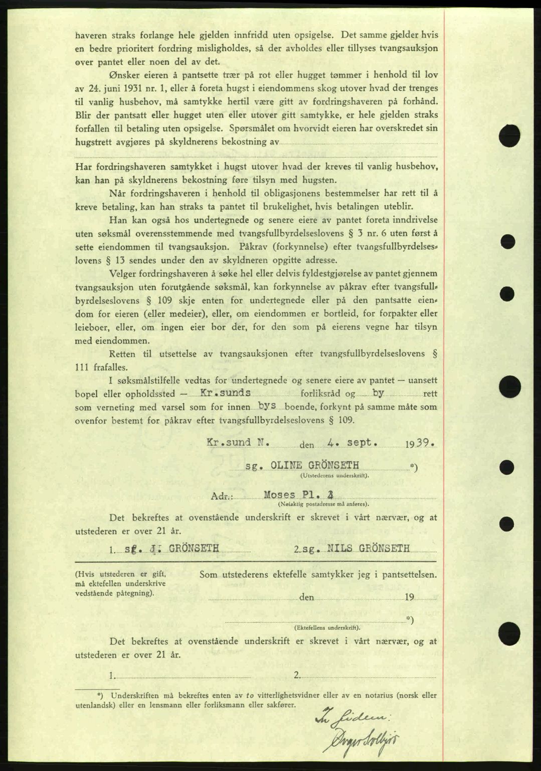 Kristiansund byfogd, SAT/A-4587/A/27: Mortgage book no. 31, 1938-1939, Diary no: : 724/1939