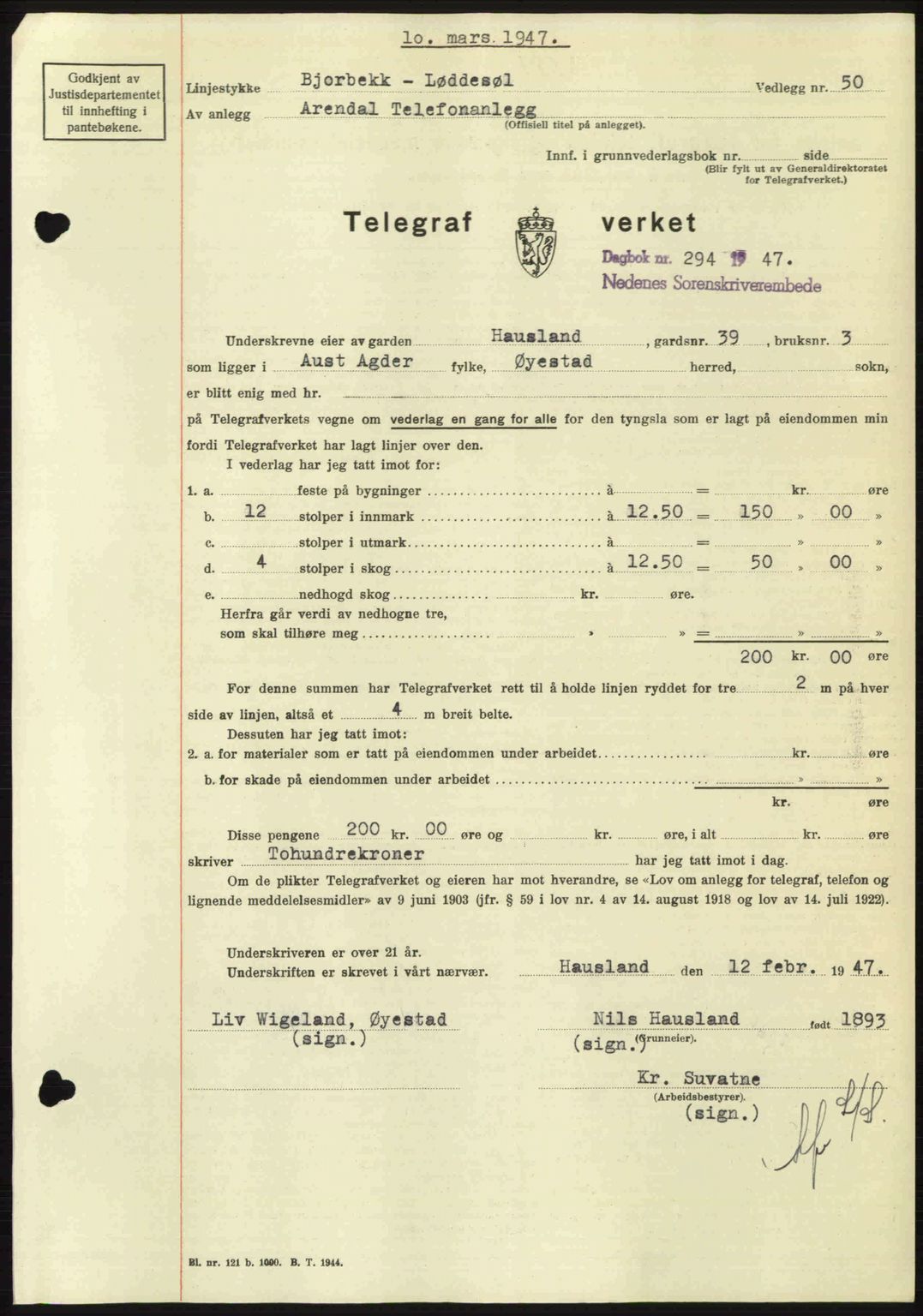 Nedenes sorenskriveri, SAK/1221-0006/G/Gb/Gba/L0057: Mortgage book no. A9, 1947-1947, Diary no: : 294/1947