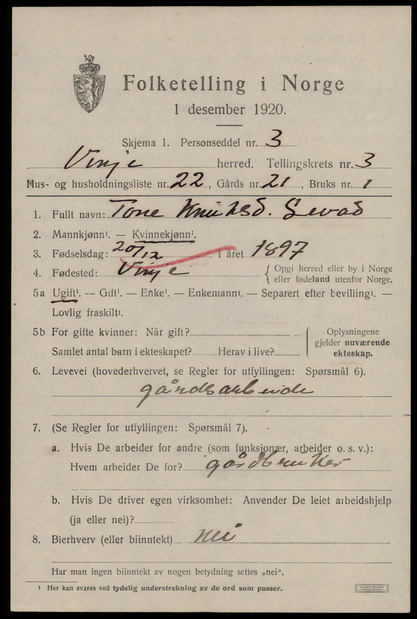 SAKO, 1920 census for Vinje, 1920, p. 1237