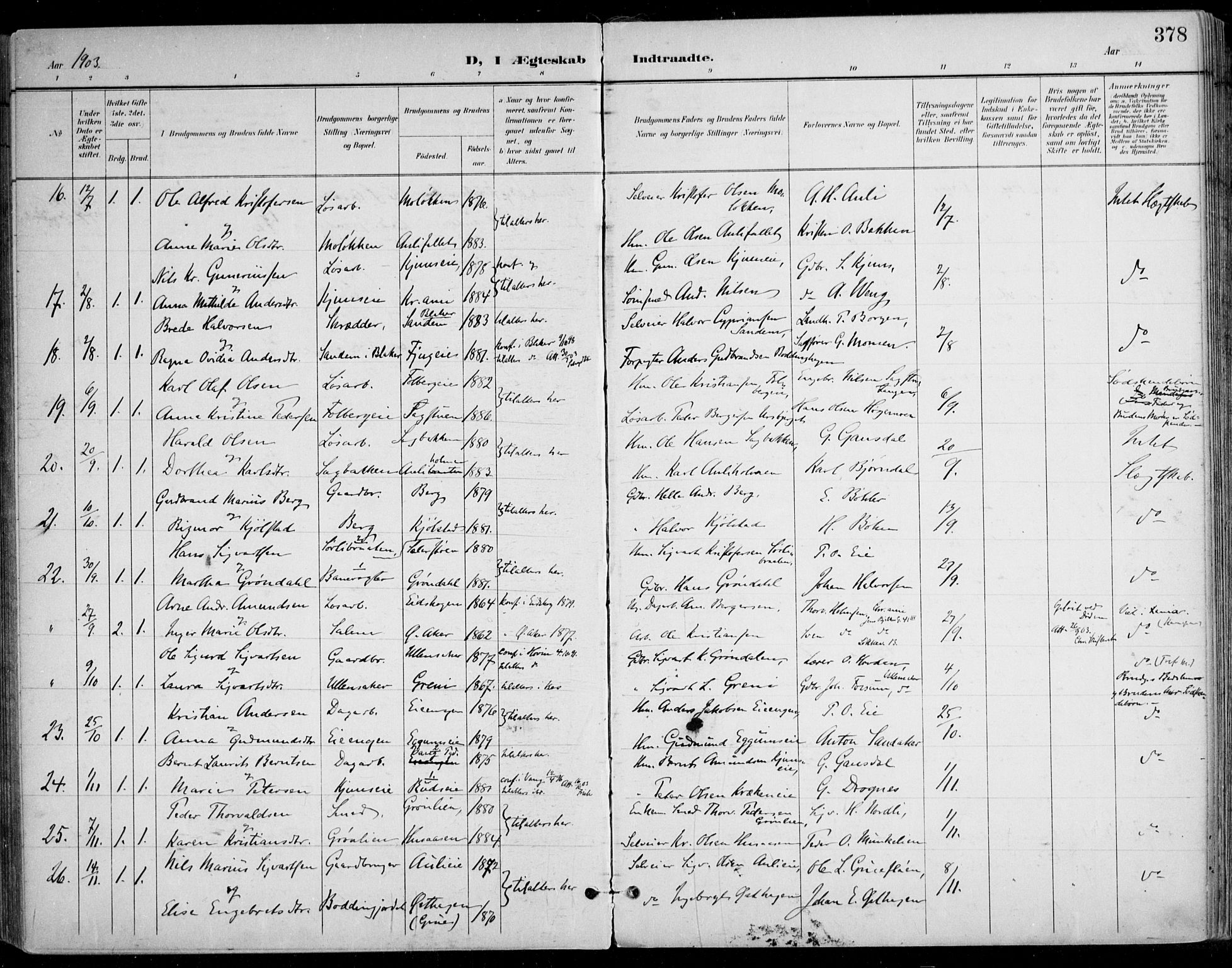 Nes prestekontor Kirkebøker, AV/SAO-A-10410/F/Fa/L0011: Parish register (official) no. I 11, 1899-1918, p. 378