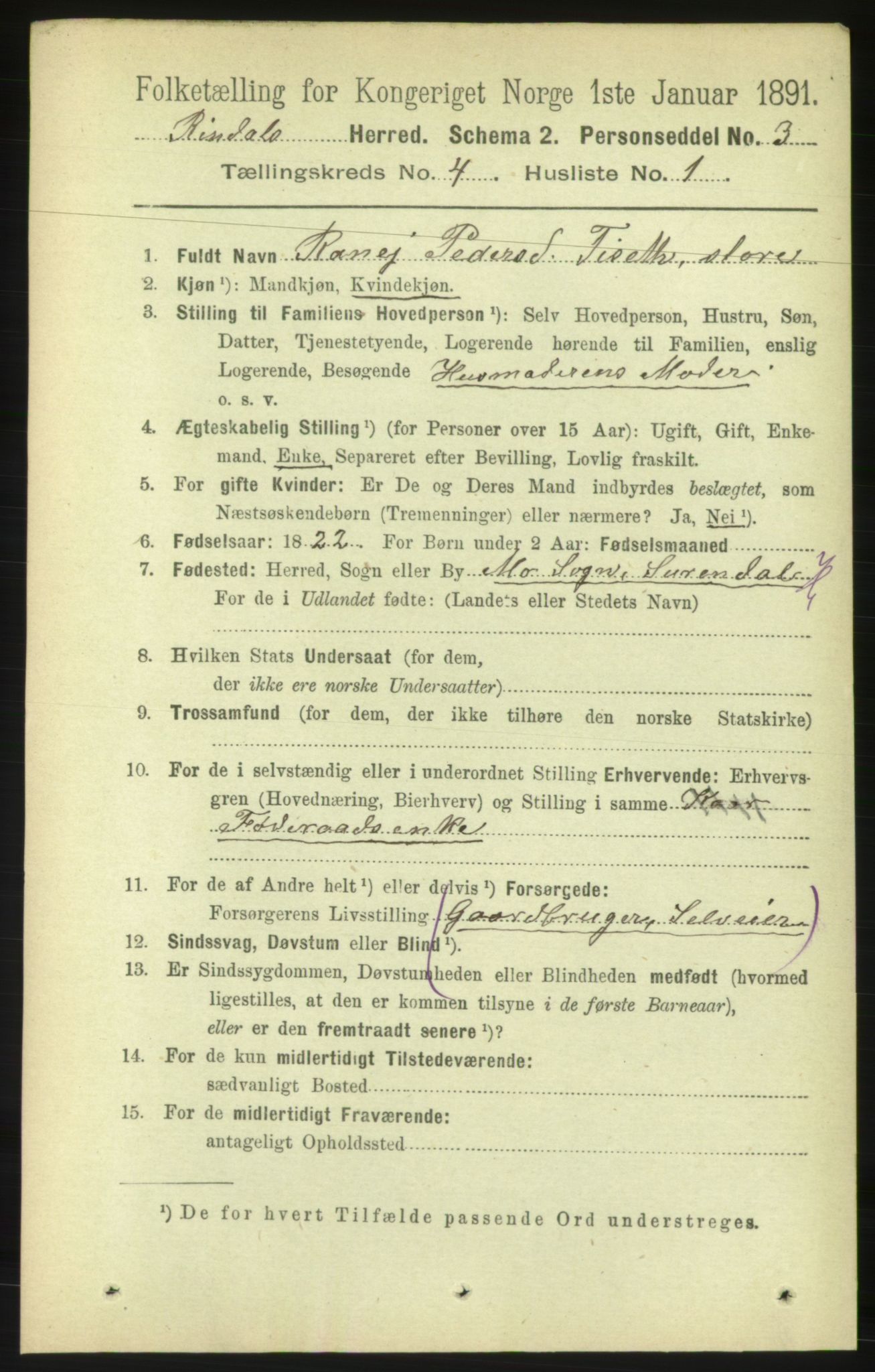 RA, 1891 census for 1567 Rindal, 1891, p. 1206