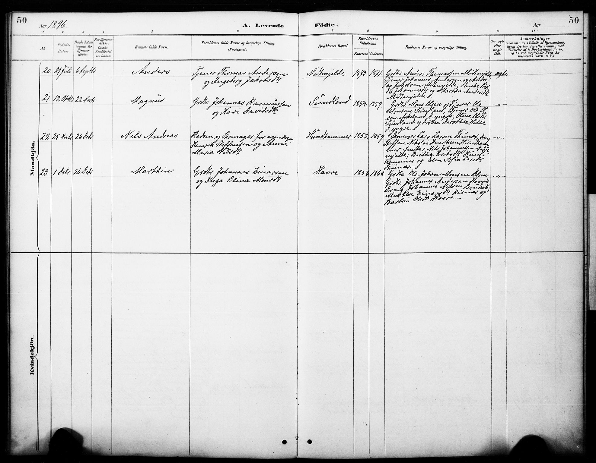 Haus sokneprestembete, AV/SAB-A-75601/H/Haa: Parish register (official) no. B 1, 1887-1898, p. 50